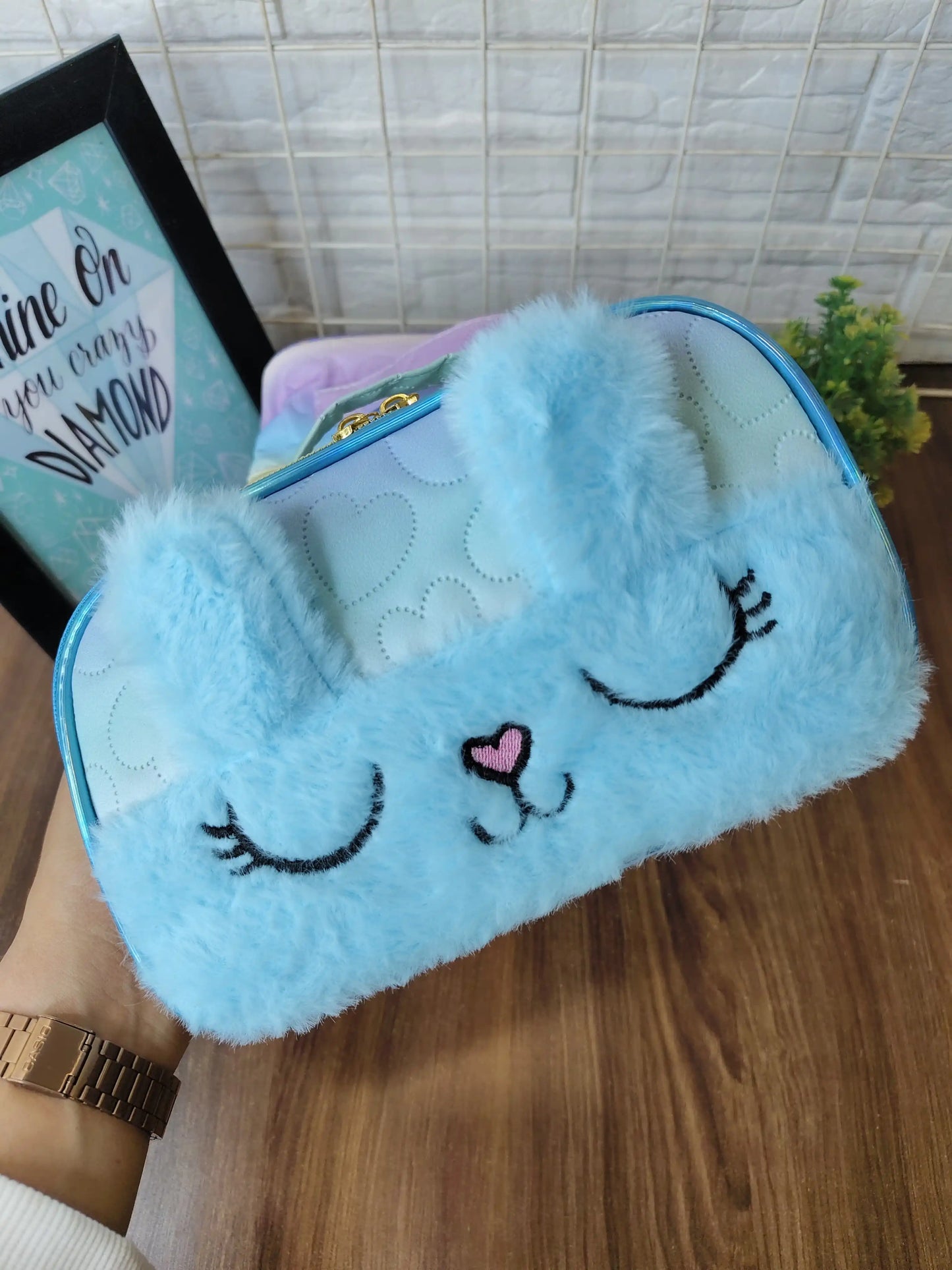 Bunny fur makeup pouch