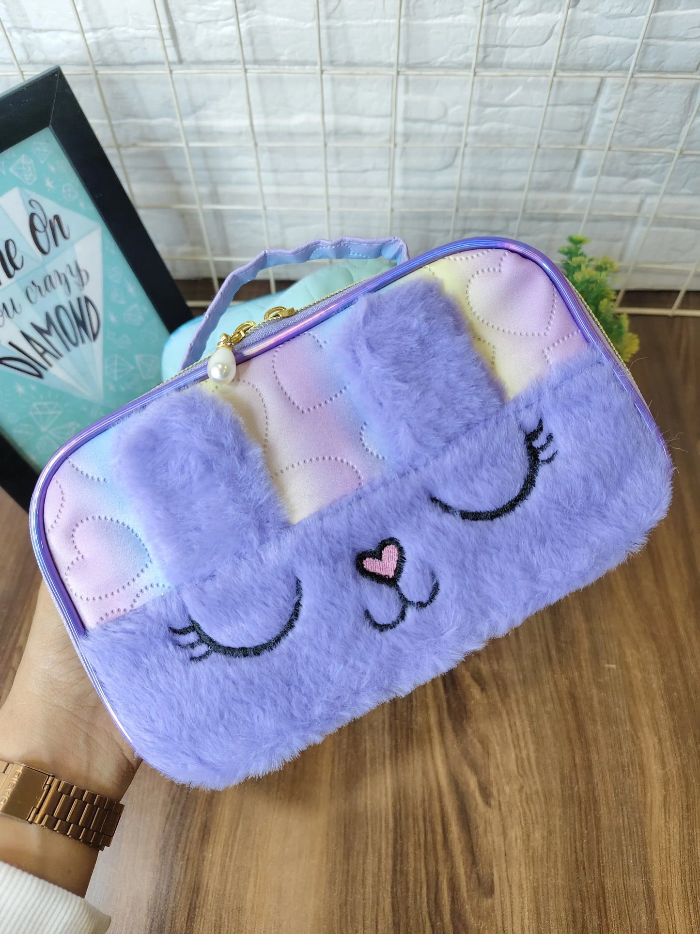 Bunny fur makeup pouch