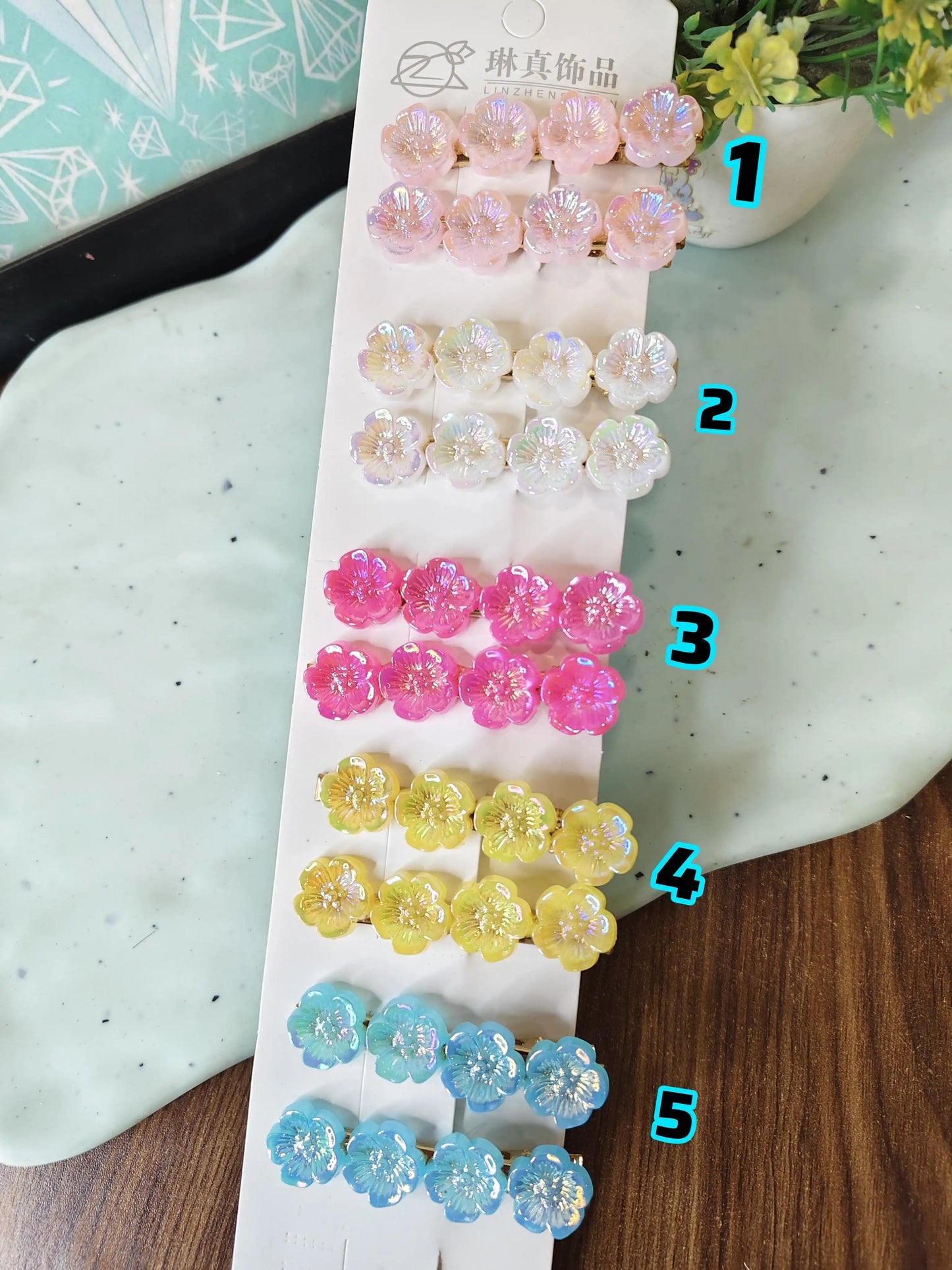 holographic flower hair clips pairs