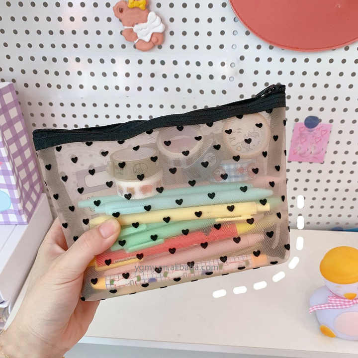 Heart Print Mesh Makeup Bag