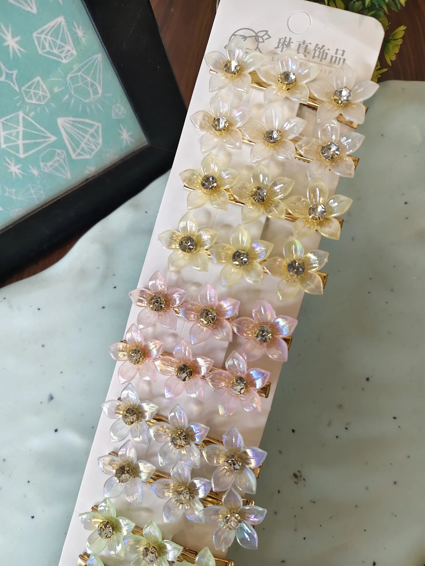 Holographic diamond stud hair clips pair