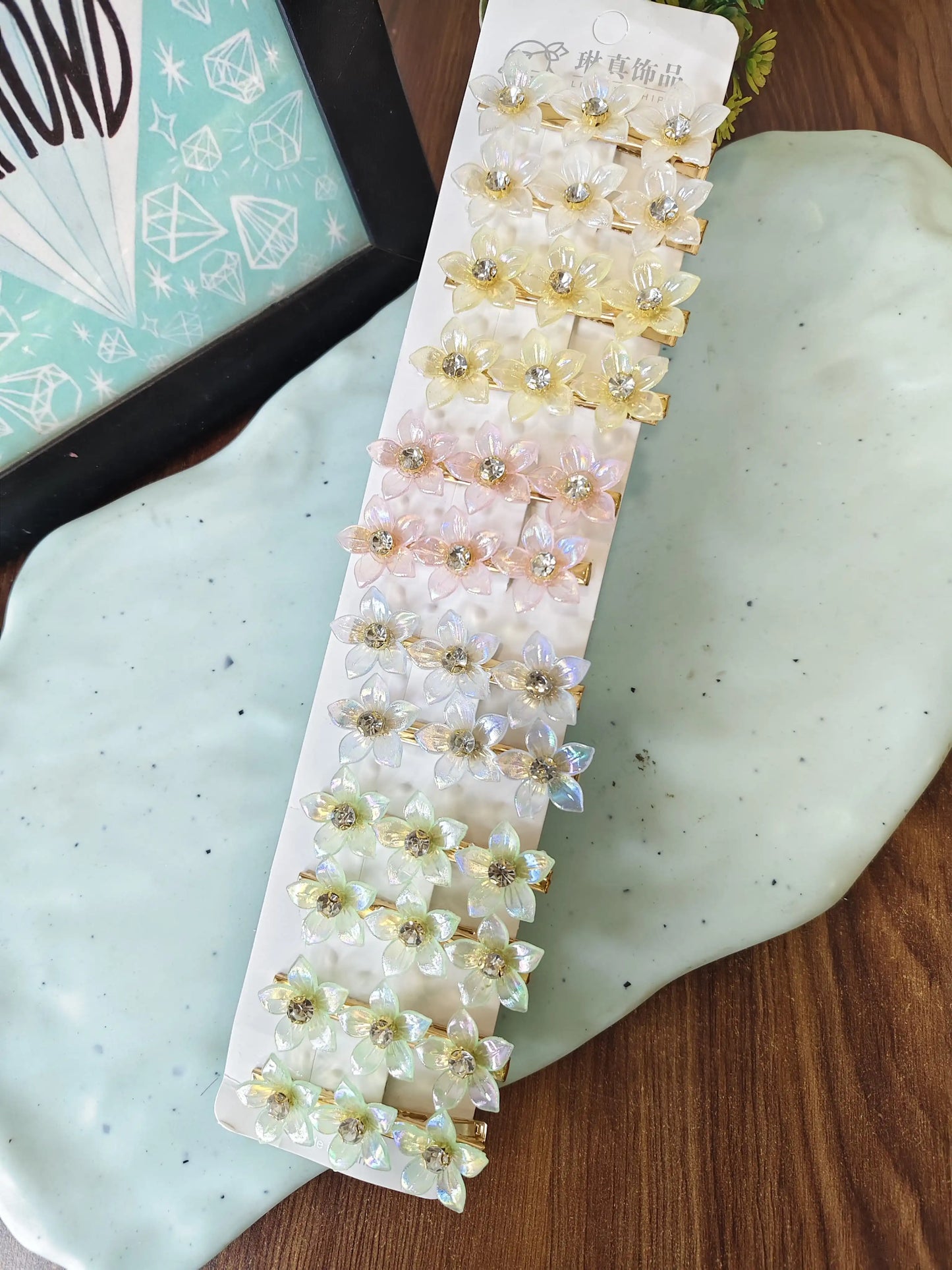 Holographic diamond stud hair clips pair