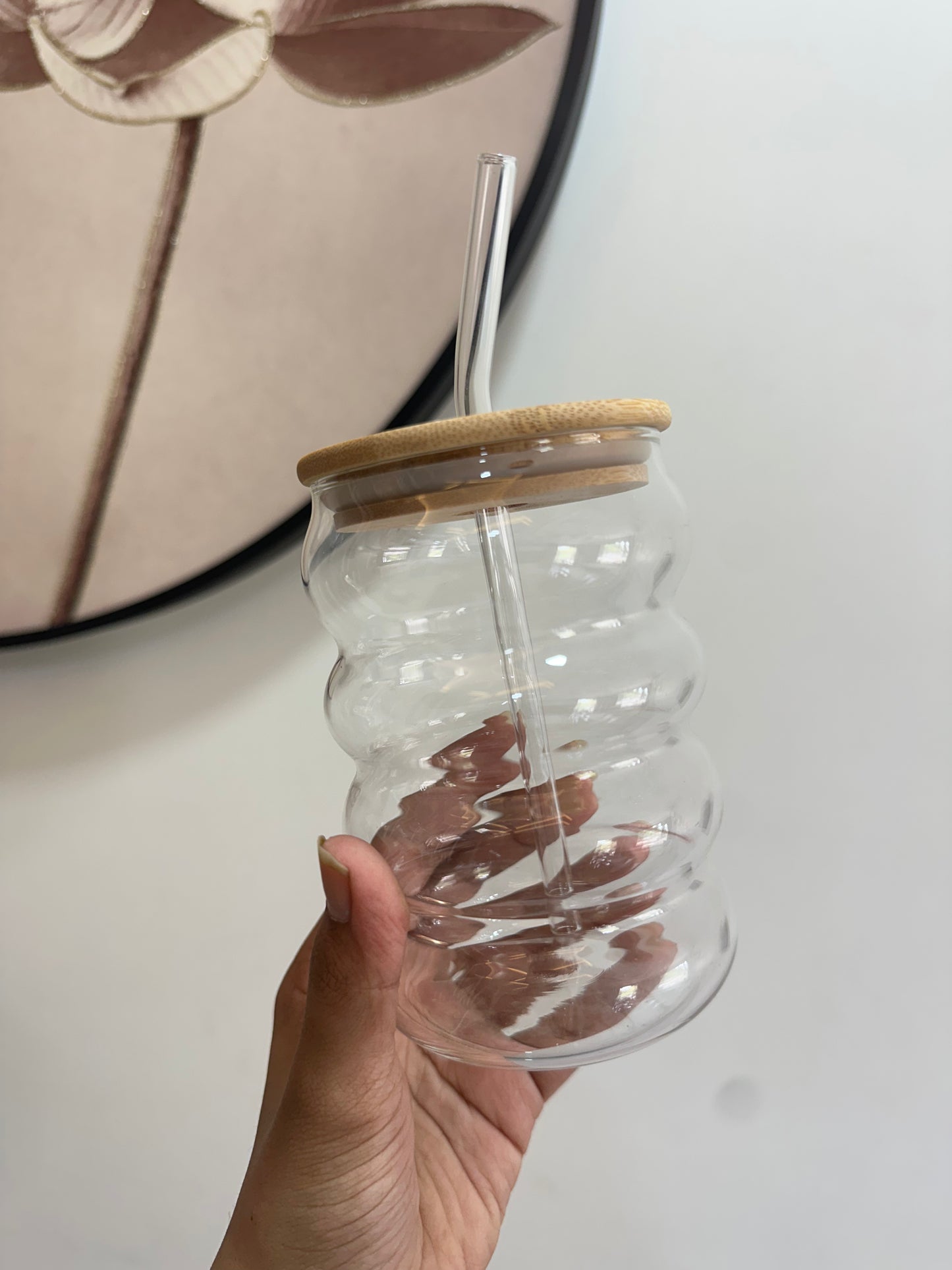 Ripple Glass Tumbler with Bamboo Lid & Glass Straw | 450ml