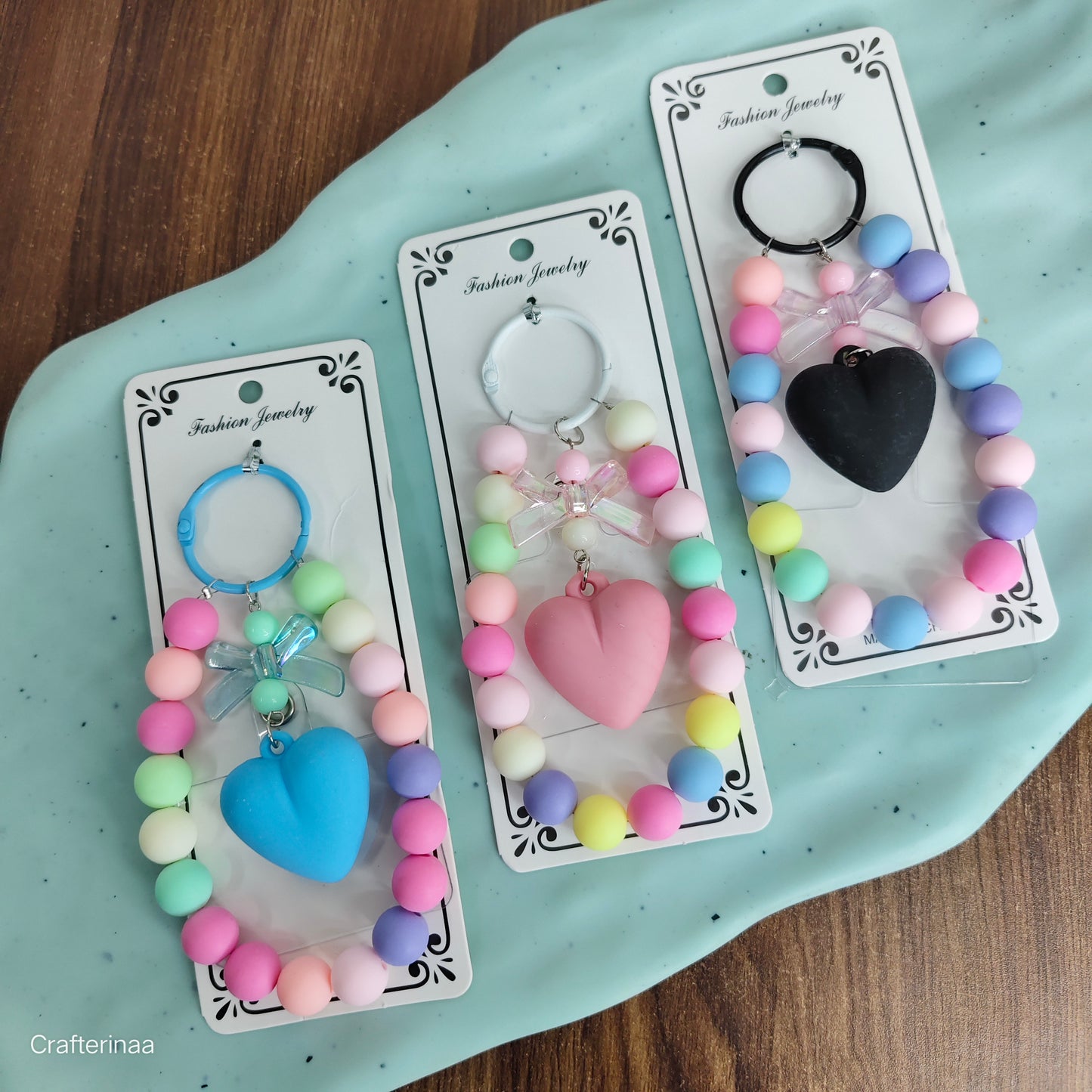 Beaded mobile charms|colourful heart hanging bag charm| korean keychain