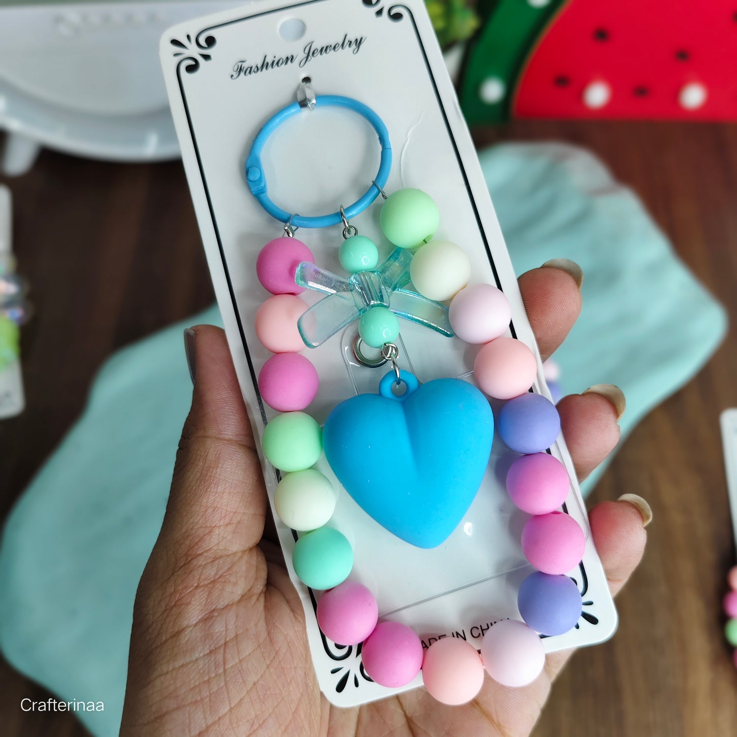 Beaded mobile charms|colourful heart hanging bag charm| korean keychain