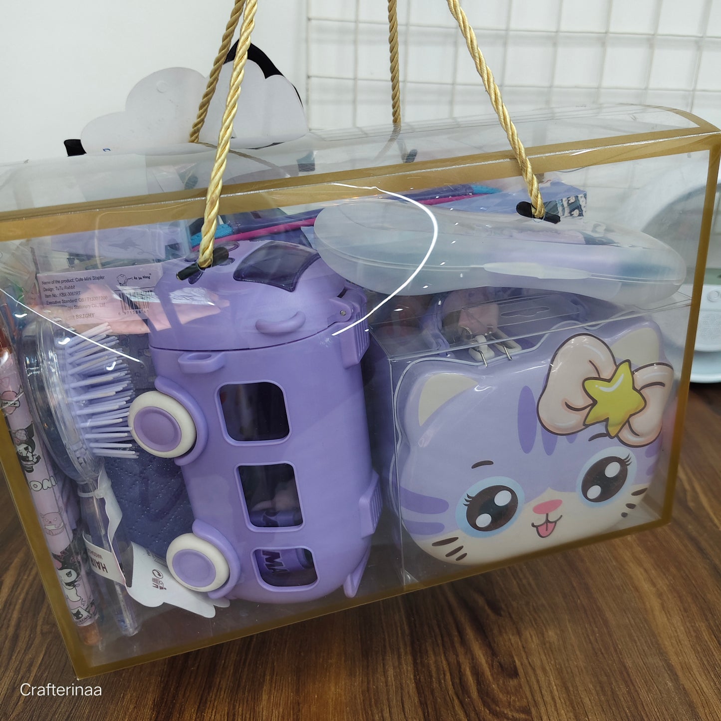 Purple clear bag hamper full of cute things