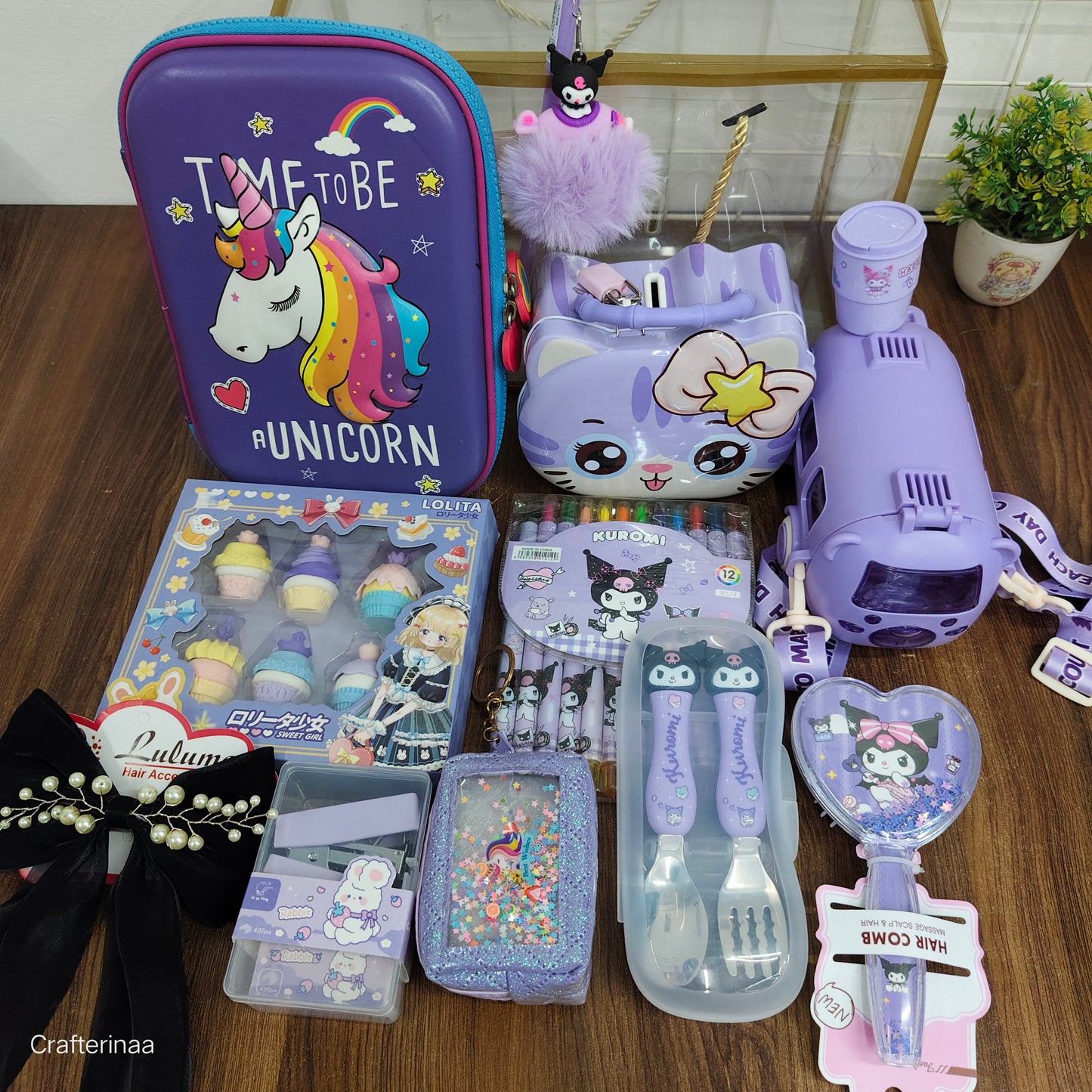 Purple clear bag hamper full of cute things