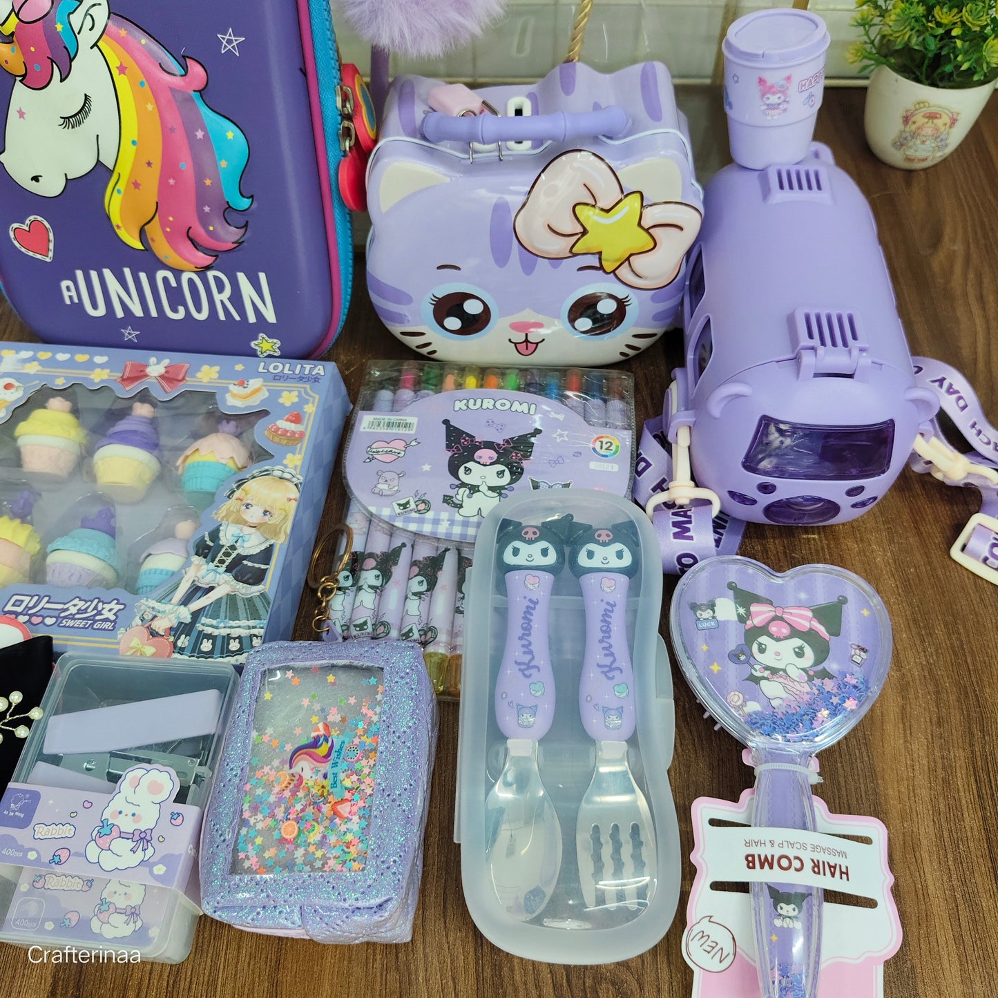Purple clear bag hamper full of cute things