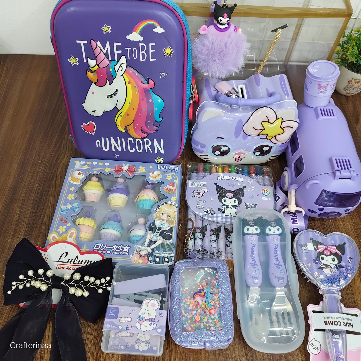Purple clear bag hamper full of cute things