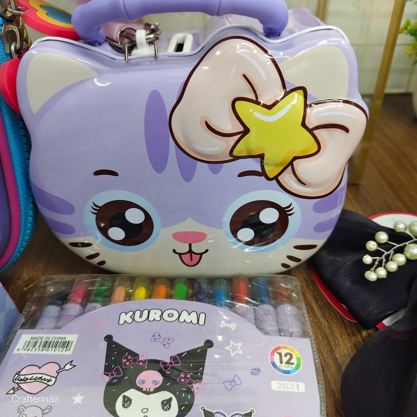 Purple clear bag hamper full of cute things