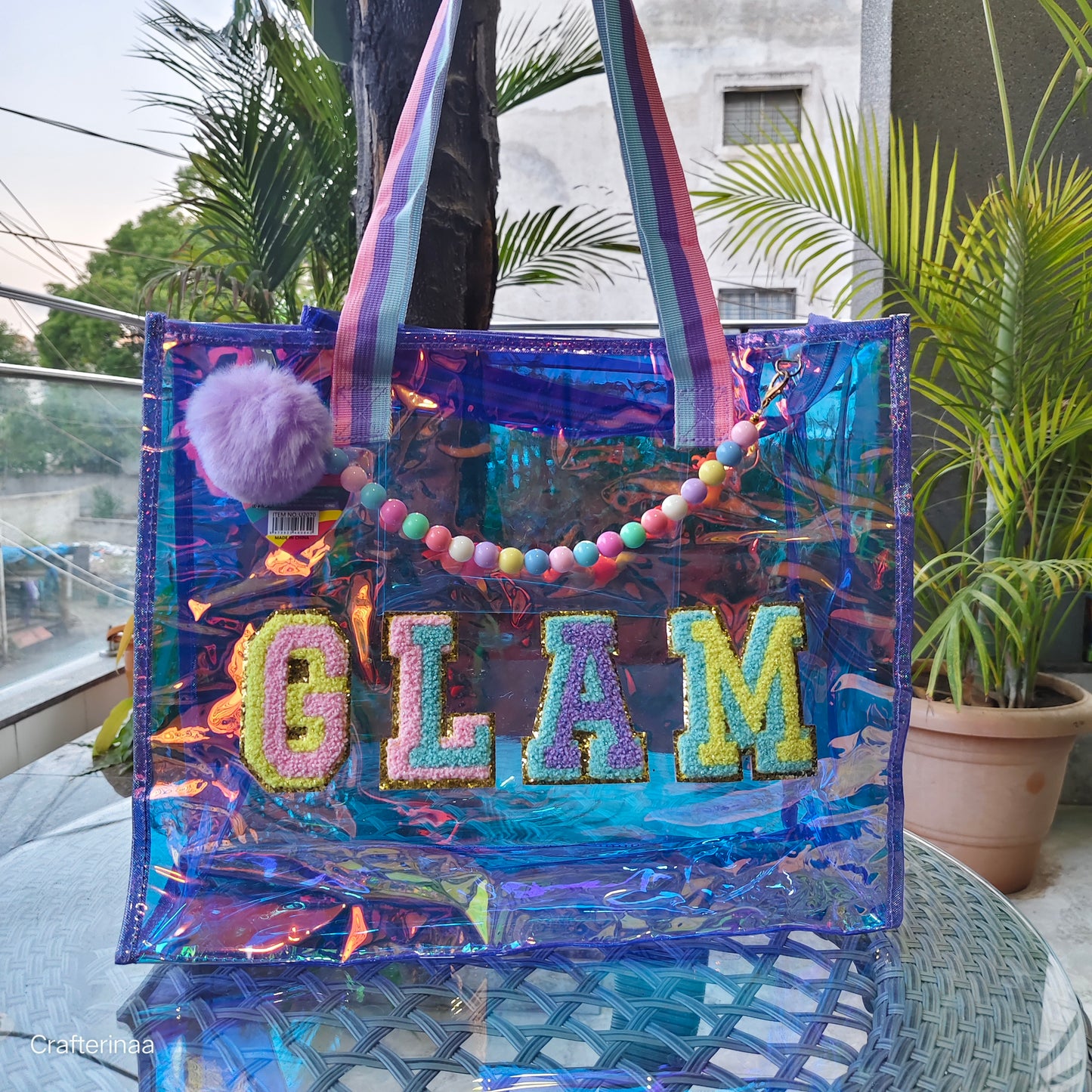 Holographic Big size tote bags with pearl detailing and pompom charm