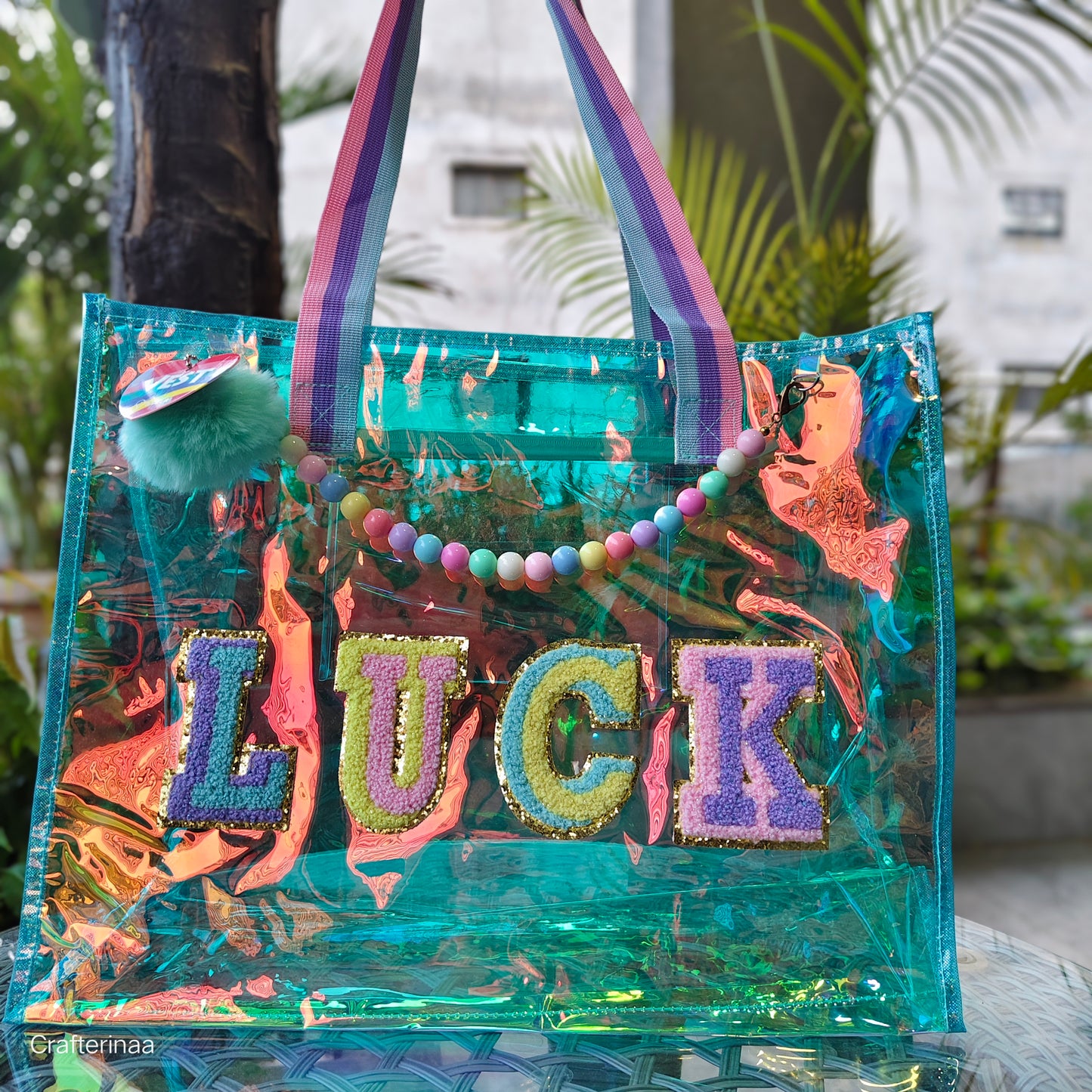 Holographic Big size tote bags with pearl detailing and pompom charm