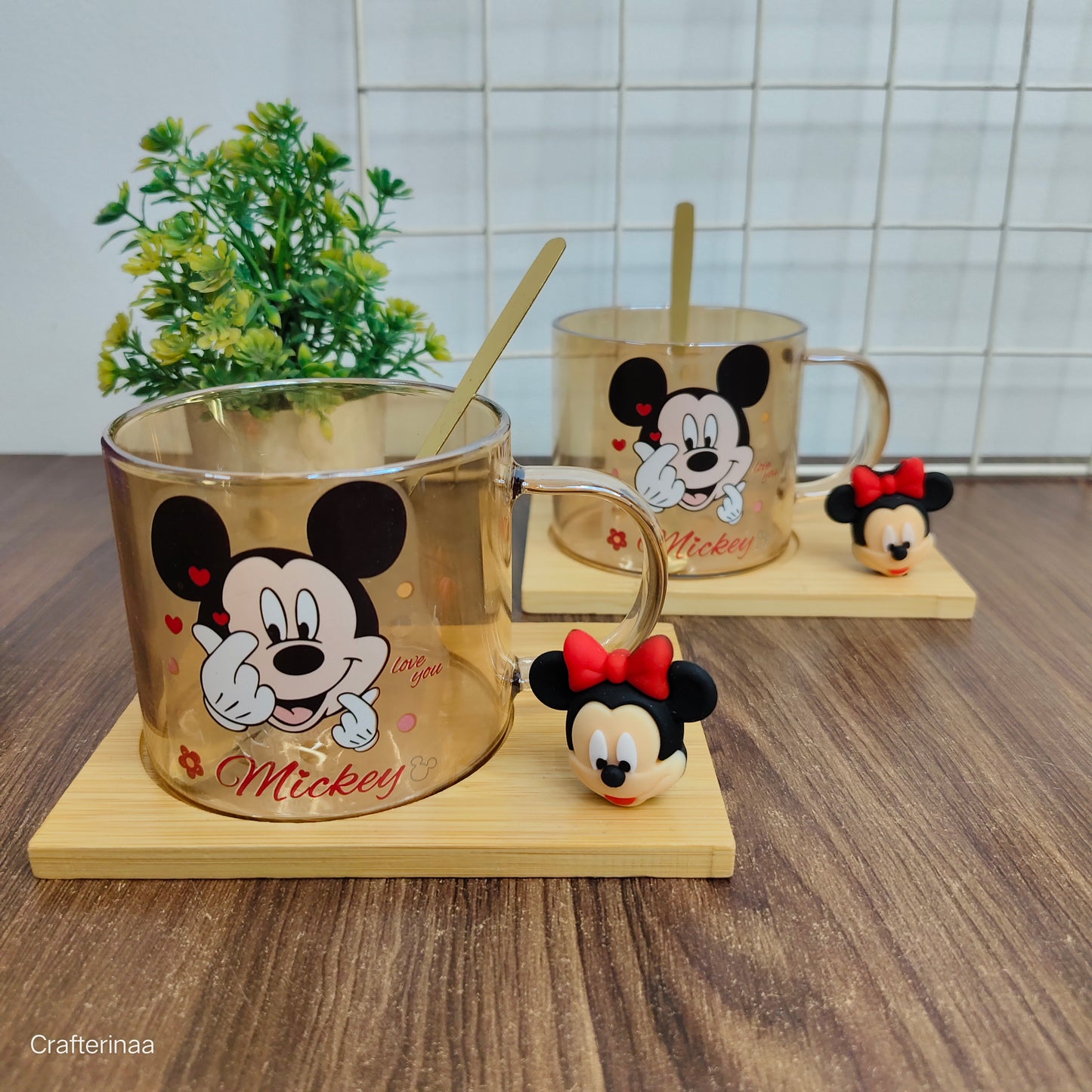 Mickey and Minnie mugs with spoon and tray set