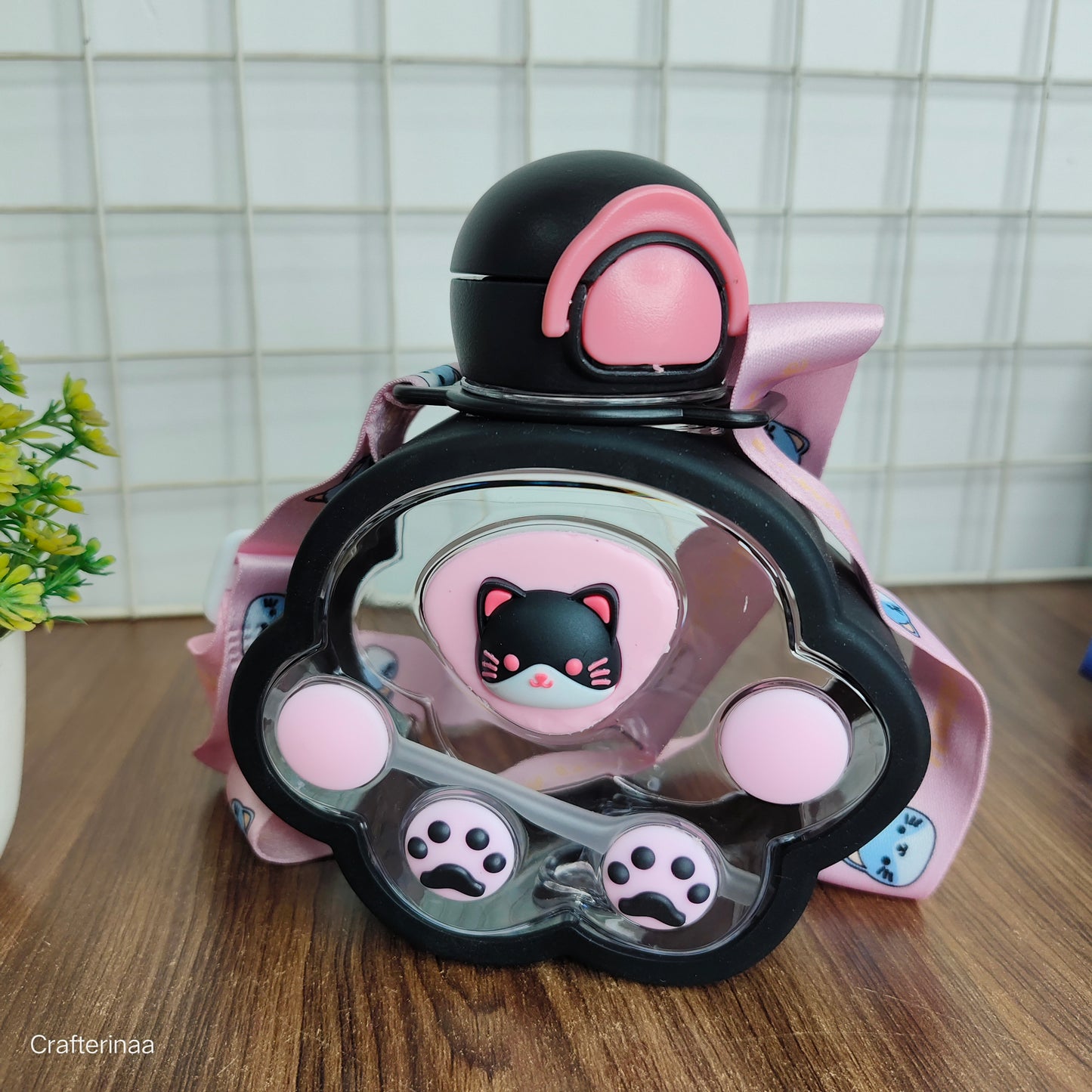 “Cute Paw Print Water Bottle for Kids – BPA-Free, Straw Sipper, Cat Design, Leakproof, with Sling Strap”