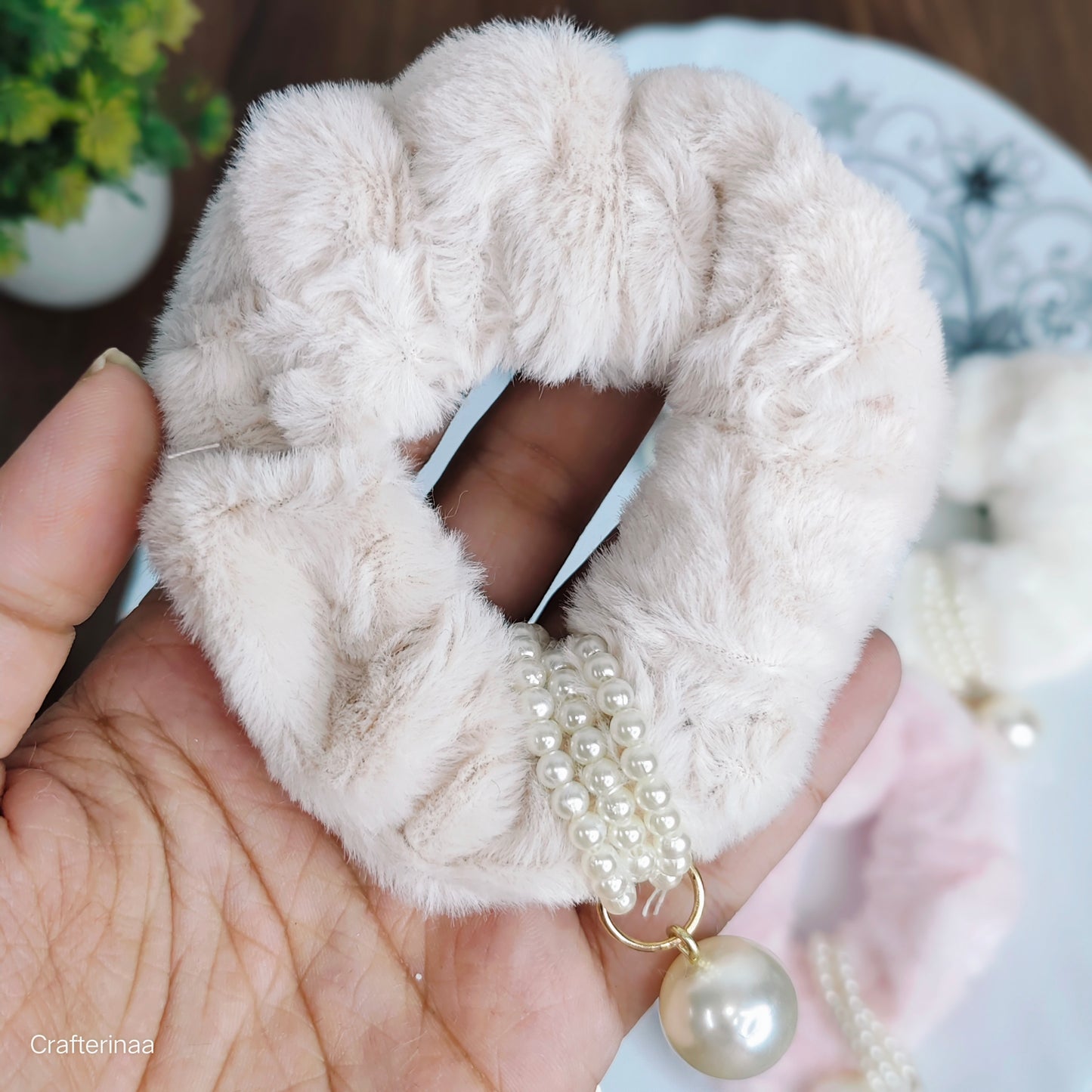 "Elegant Pearl Charm Scrunchies – Fluffy Velvet Hair Ties in Pastel & Classic Shades"