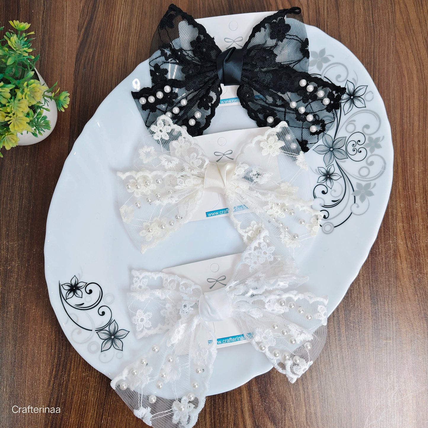 Vintage Style Lace Hair Bows|Big Bow Clips with Pearls