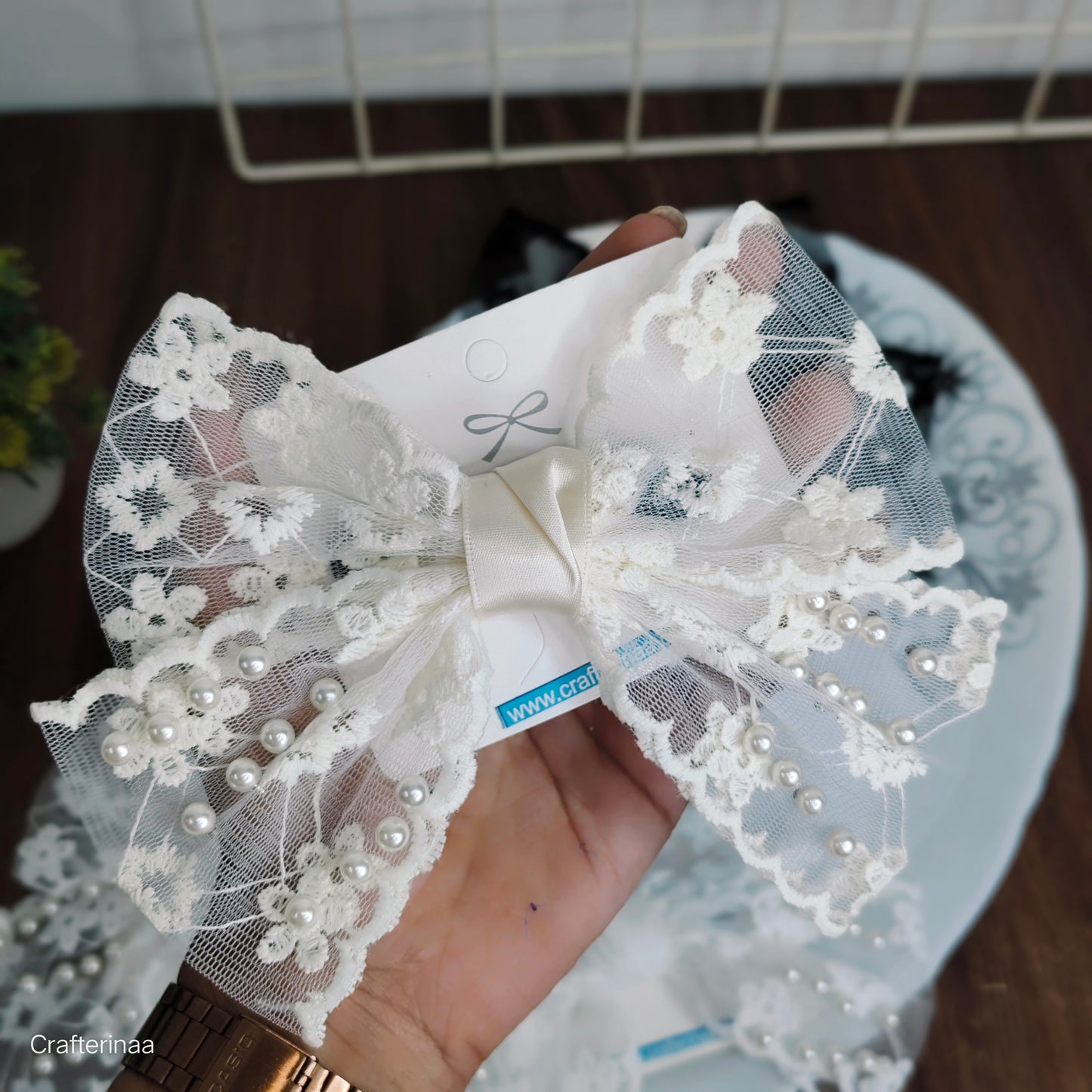 Vintage Style Lace Hair Bows|Big Bow Clips with Pearls