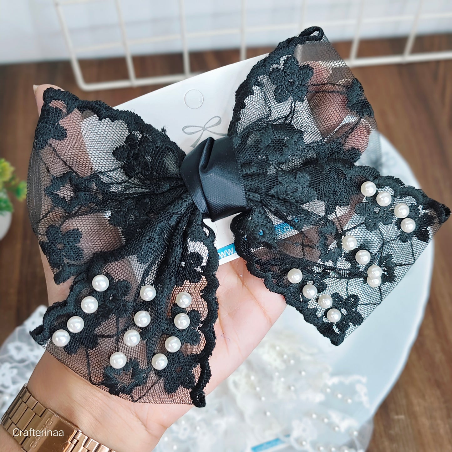 Vintage Style Lace Hair Bows|Big Bow Clips with Pearls