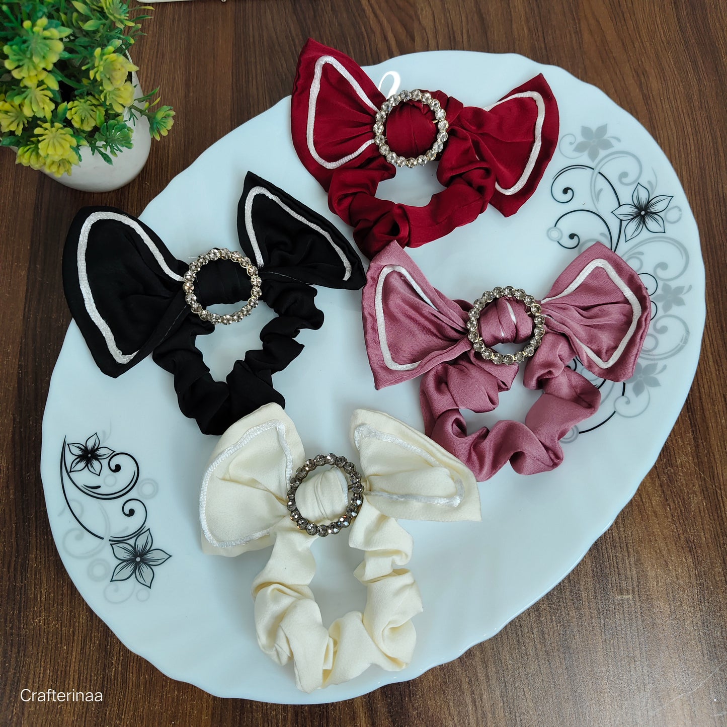 Satin Bow Hair Scrunchies with Diamond Circle Detail – Set for Girls