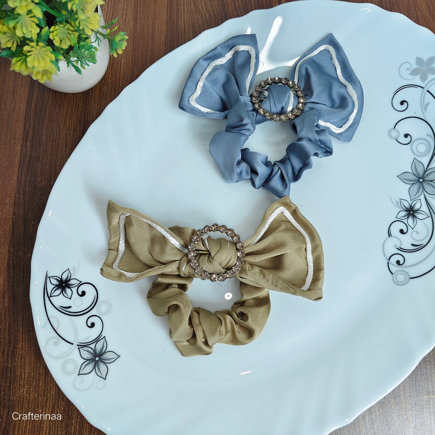 Satin Bow Hair Scrunchies with Diamond Circle Detail – Set for Girls