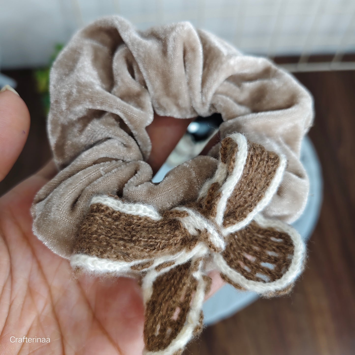 "Velvet Bow Scrunchies Set with woolen bow – Soft Hair Ties with Knitted Ribbon"