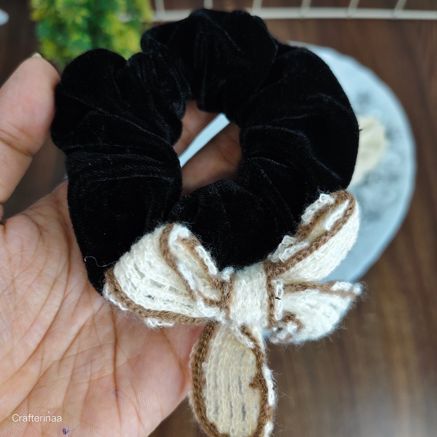 "Velvet Bow Scrunchies Set with woolen bow – Soft Hair Ties with Knitted Ribbon"