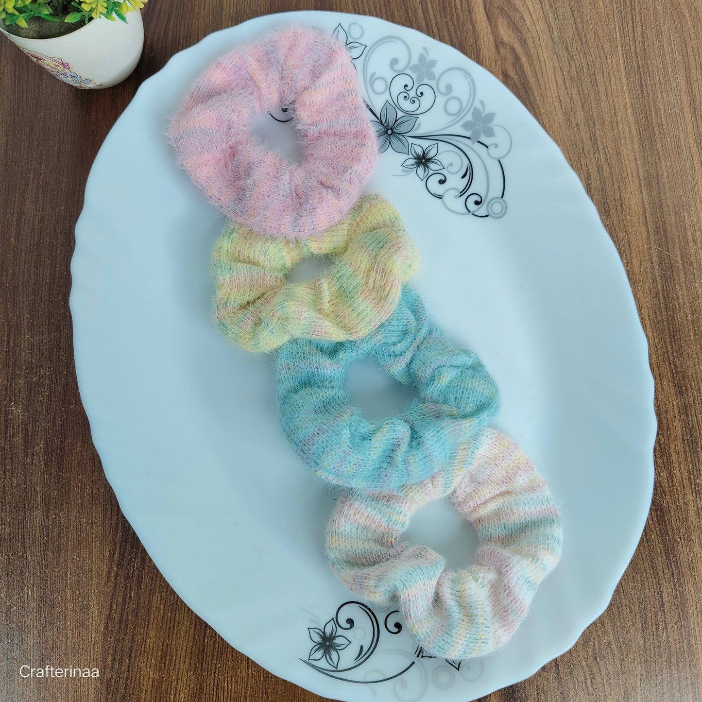 "Soft Woolen Scrunchies – Pastel Hair Accessories for Winter Looks"