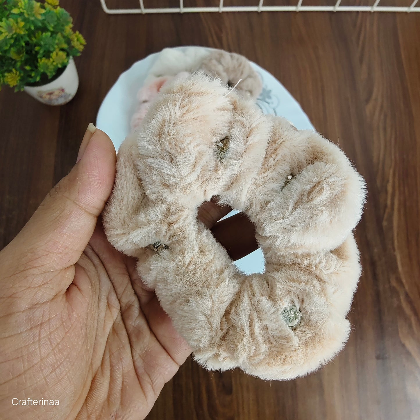 "Elegant Rhinestone Fur Scrunchies – Winter Hair Accessories for Women & Teens"