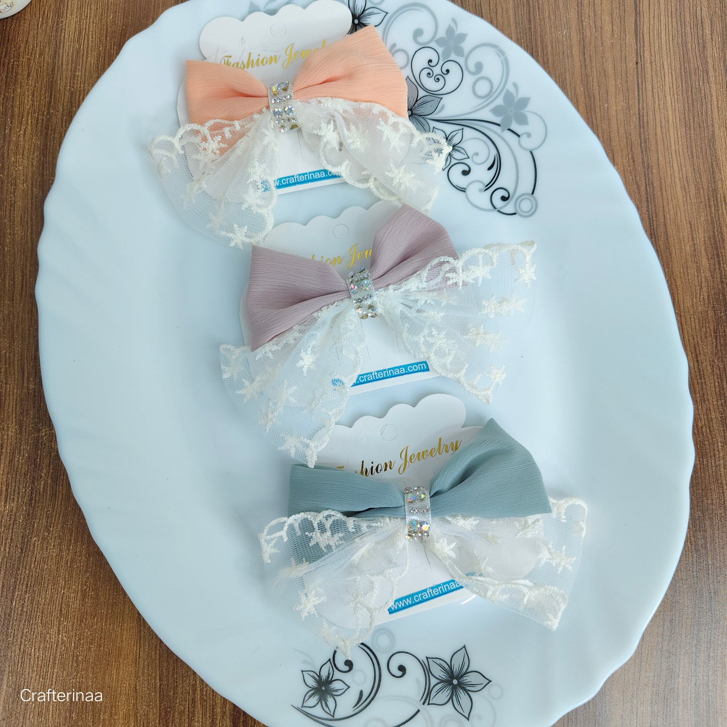“Elegant Lace Bow Hair Clips for Girls – Pastel Colors with Rhinestone Center – Cute & Stylish Hair Accessories for Parties and Daily Wear