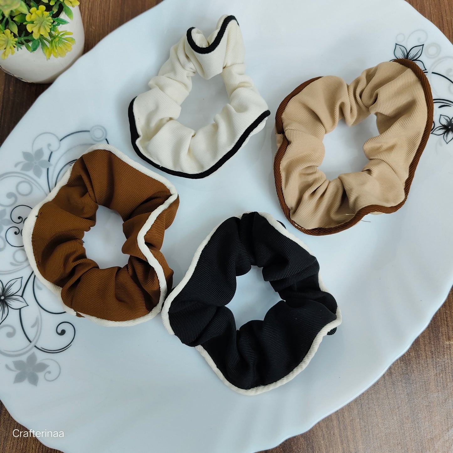 “Set of 4 Neutral-Tone Scrunchies with Contrast Border | Soft Fabric Hair Bands for Daily Use”