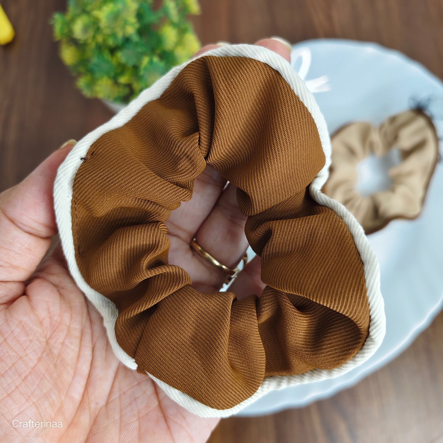 “Set of 4 Neutral-Tone Scrunchies with Contrast Border | Soft Fabric Hair Bands for Daily Use”