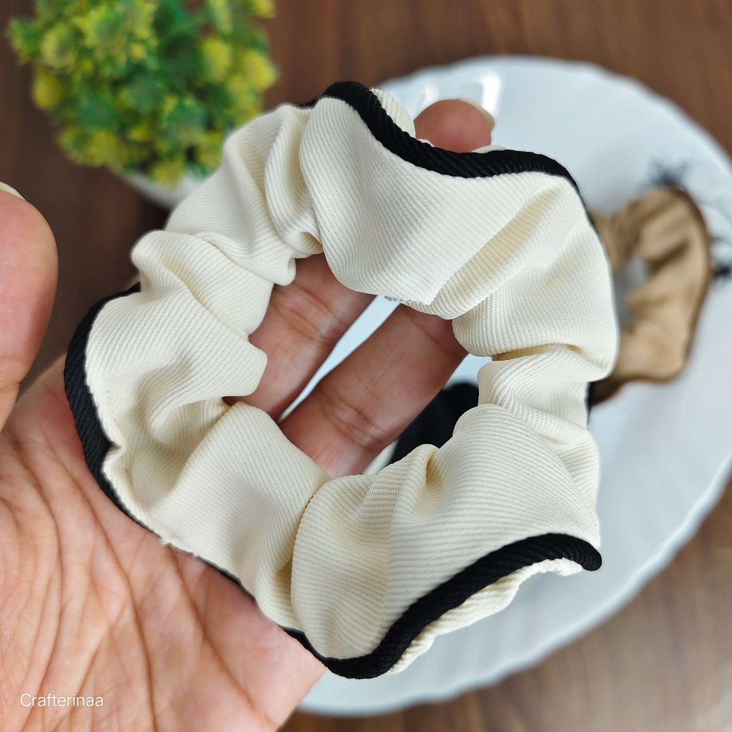 “Set of 4 Neutral-Tone Scrunchies with Contrast Border | Soft Fabric Hair Bands for Daily Use”