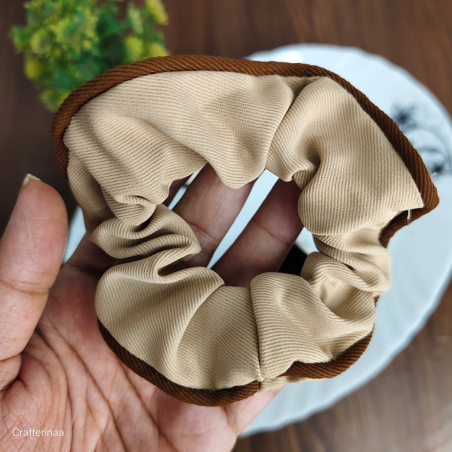 “Set of 4 Neutral-Tone Scrunchies with Contrast Border | Soft Fabric Hair Bands for Daily Use”