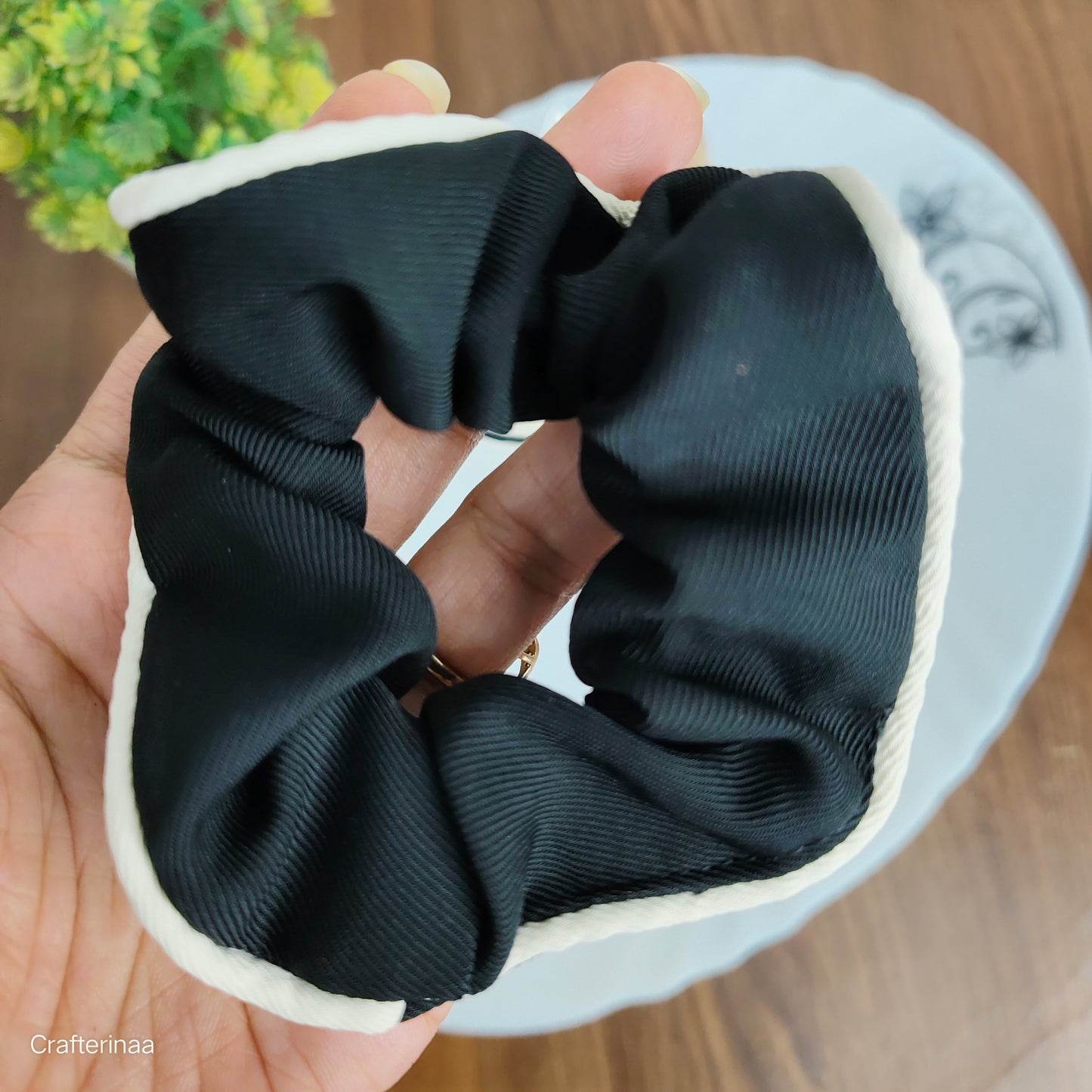 “Set of 4 Neutral-Tone Scrunchies with Contrast Border | Soft Fabric Hair Bands for Daily Use”