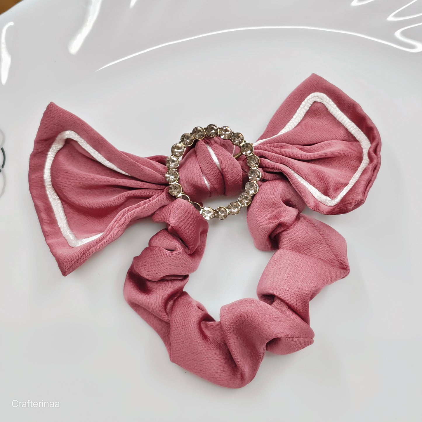 Satin Bow Hair Scrunchies with Diamond Circle Detail – Set for Girls