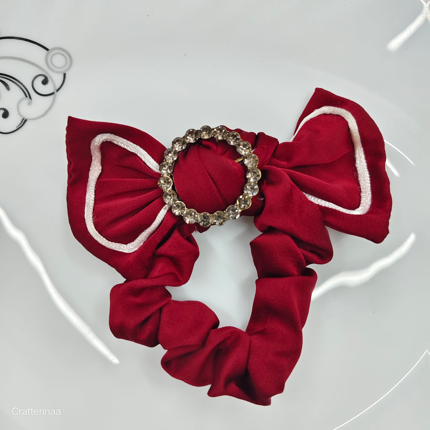 Satin Bow Hair Scrunchies with Diamond Circle Detail – Set for Girls