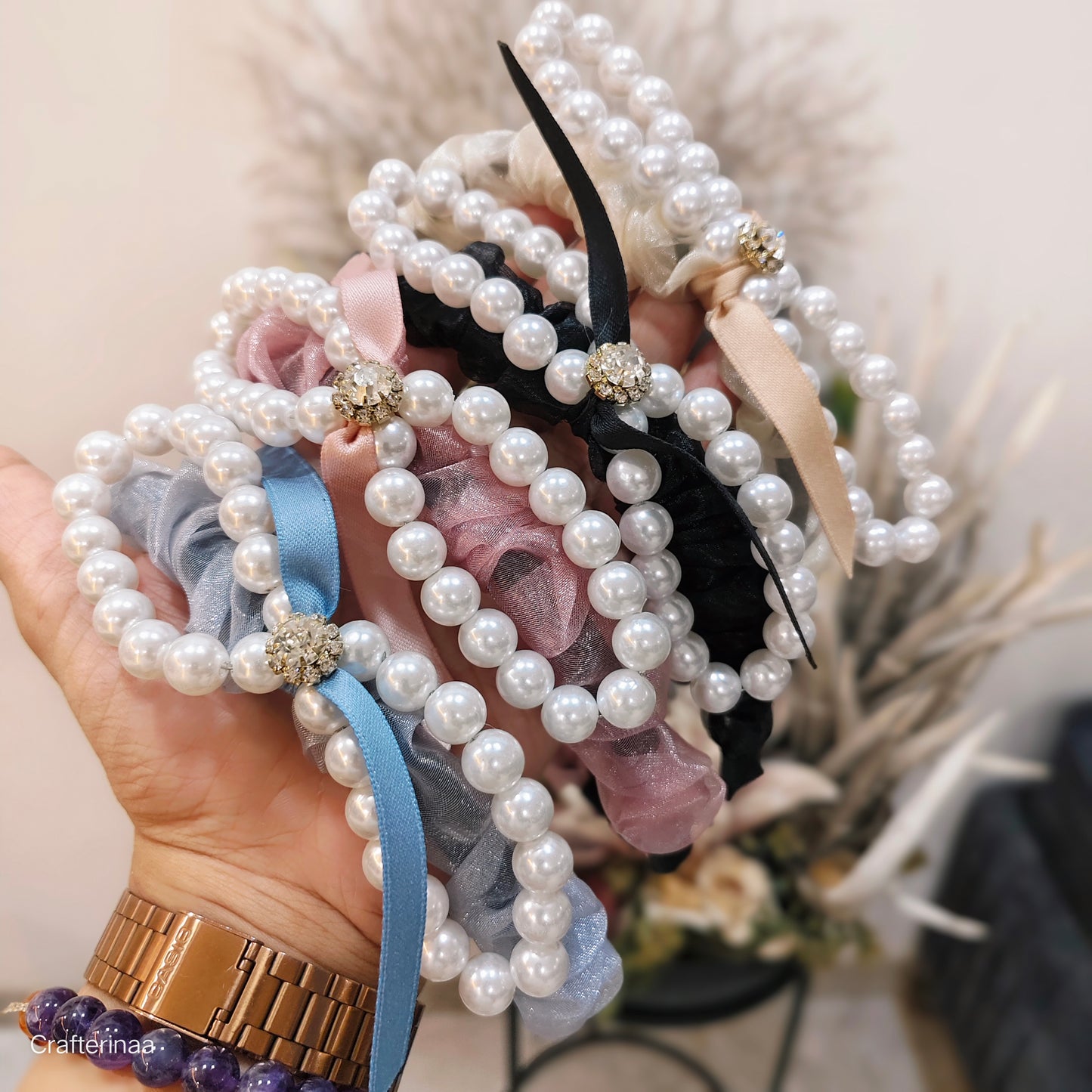 Pearl Embellished Satin Scrunchies with Ribbon – Elegant Hair Accessories