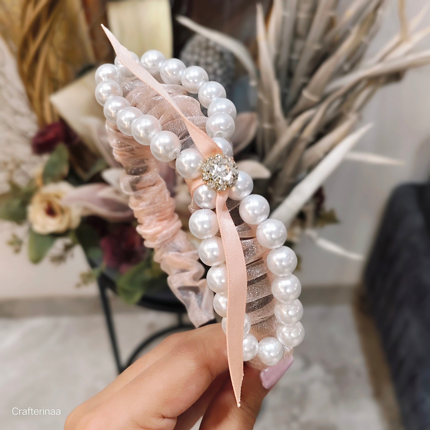 Pearl Embellished Satin Scrunchies with Ribbon – Elegant Hair Accessories