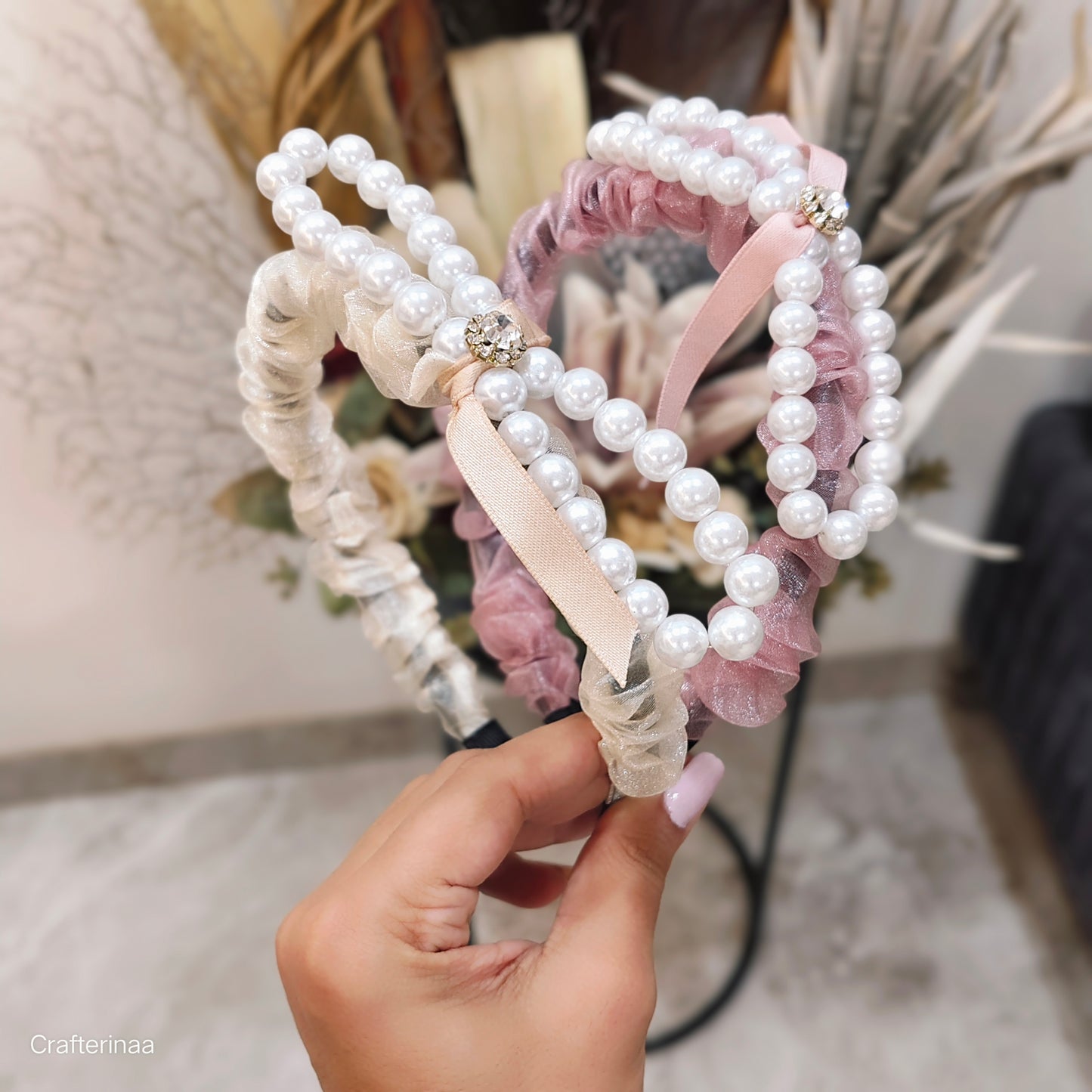 Pearl Embellished Satin Scrunchies with Ribbon – Elegant Hair Accessories