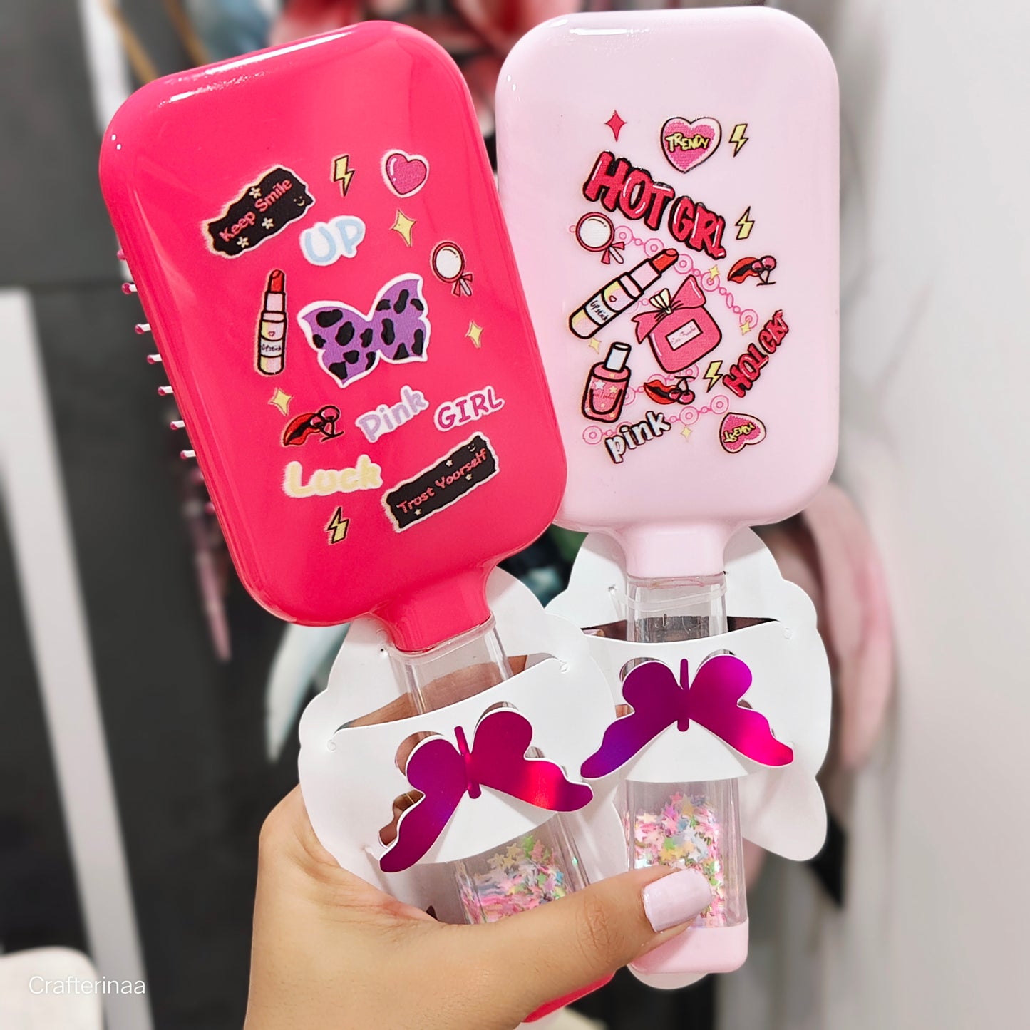 Hot Pink Hairbrush Babes| ultimate pink hair brush with doodle and glitter handle