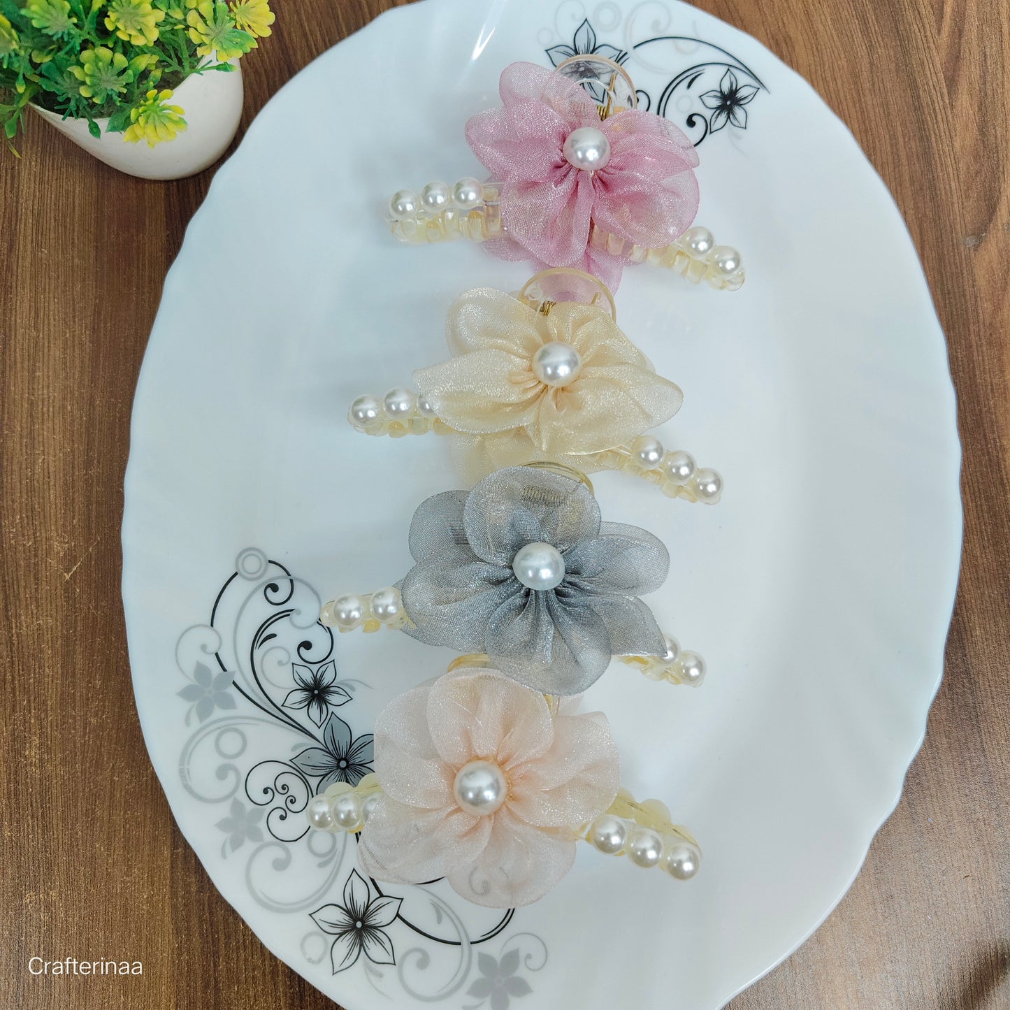 Pastel Organza Flower Hair Clutcher with Pearls – korean Hair claws