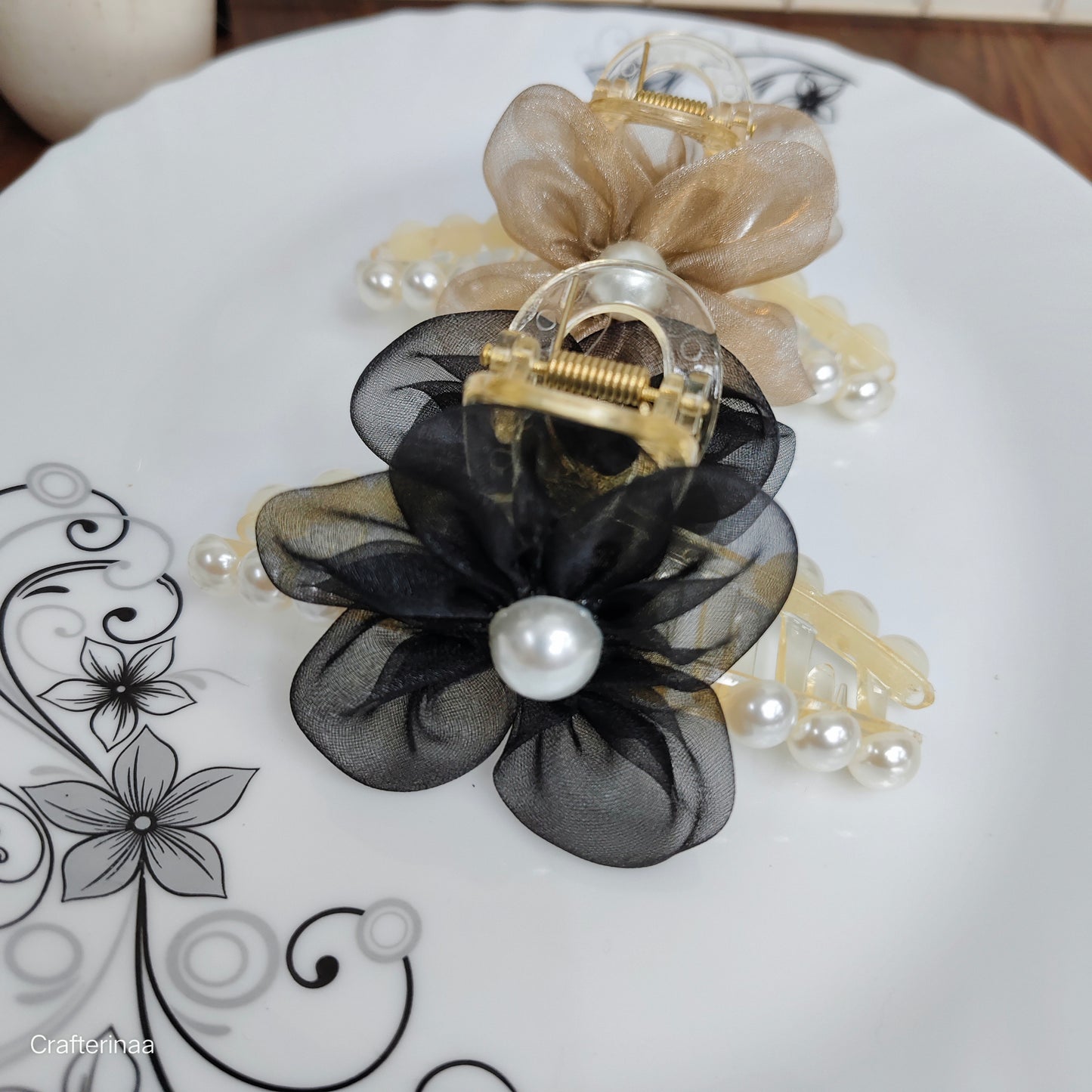 Pastel Organza Flower Hair Clutcher with Pearls – korean Hair claws