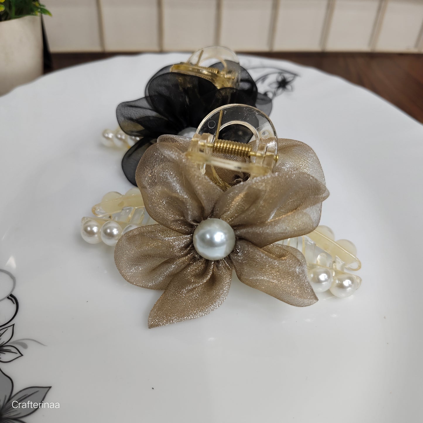 Pastel Organza Flower Hair Clutcher with Pearls – korean Hair claws