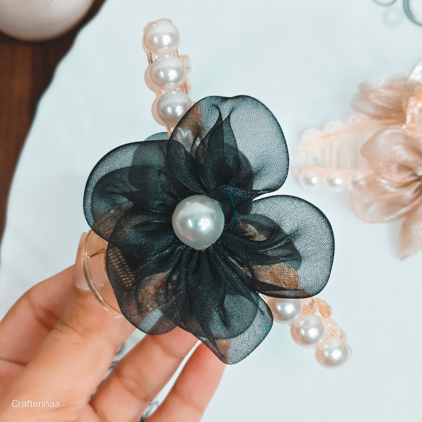Pastel Organza Flower Hair Clutcher with Pearls – korean Hair claws