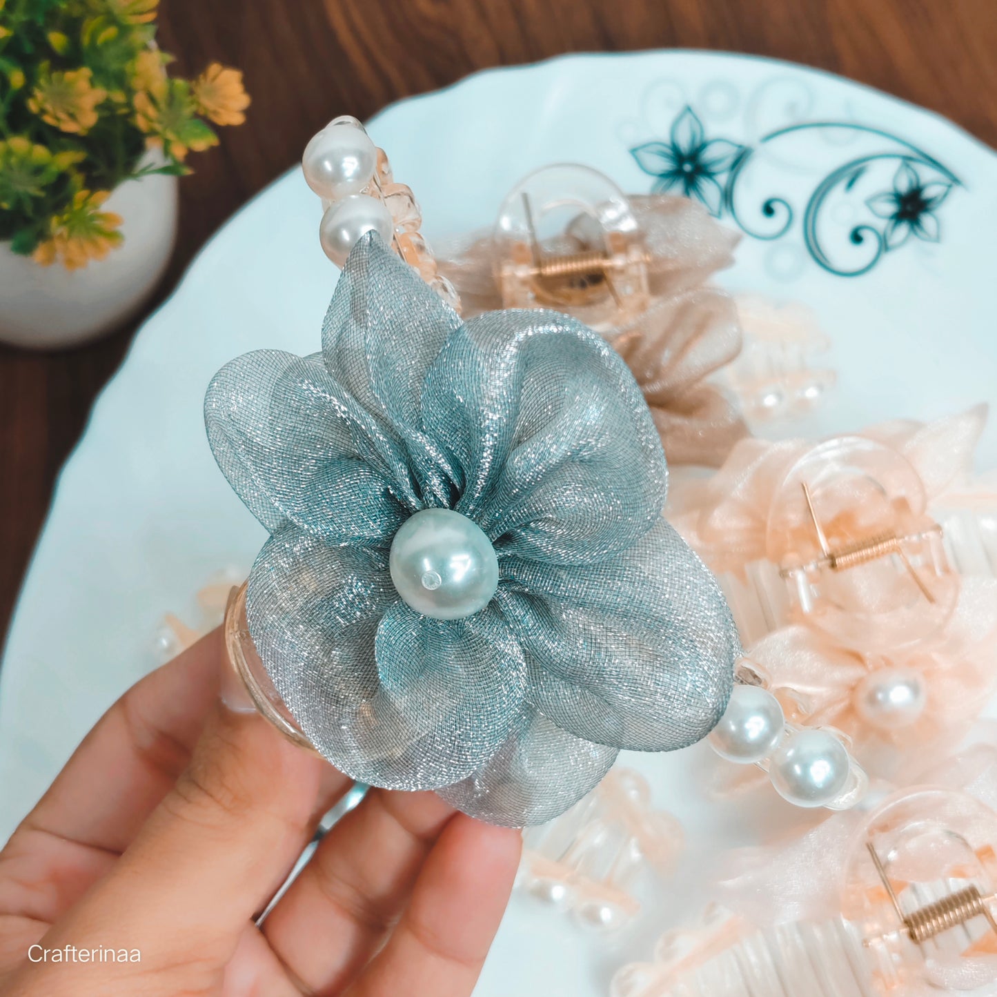Pastel Organza Flower Hair Clutcher with Pearls – korean Hair claws