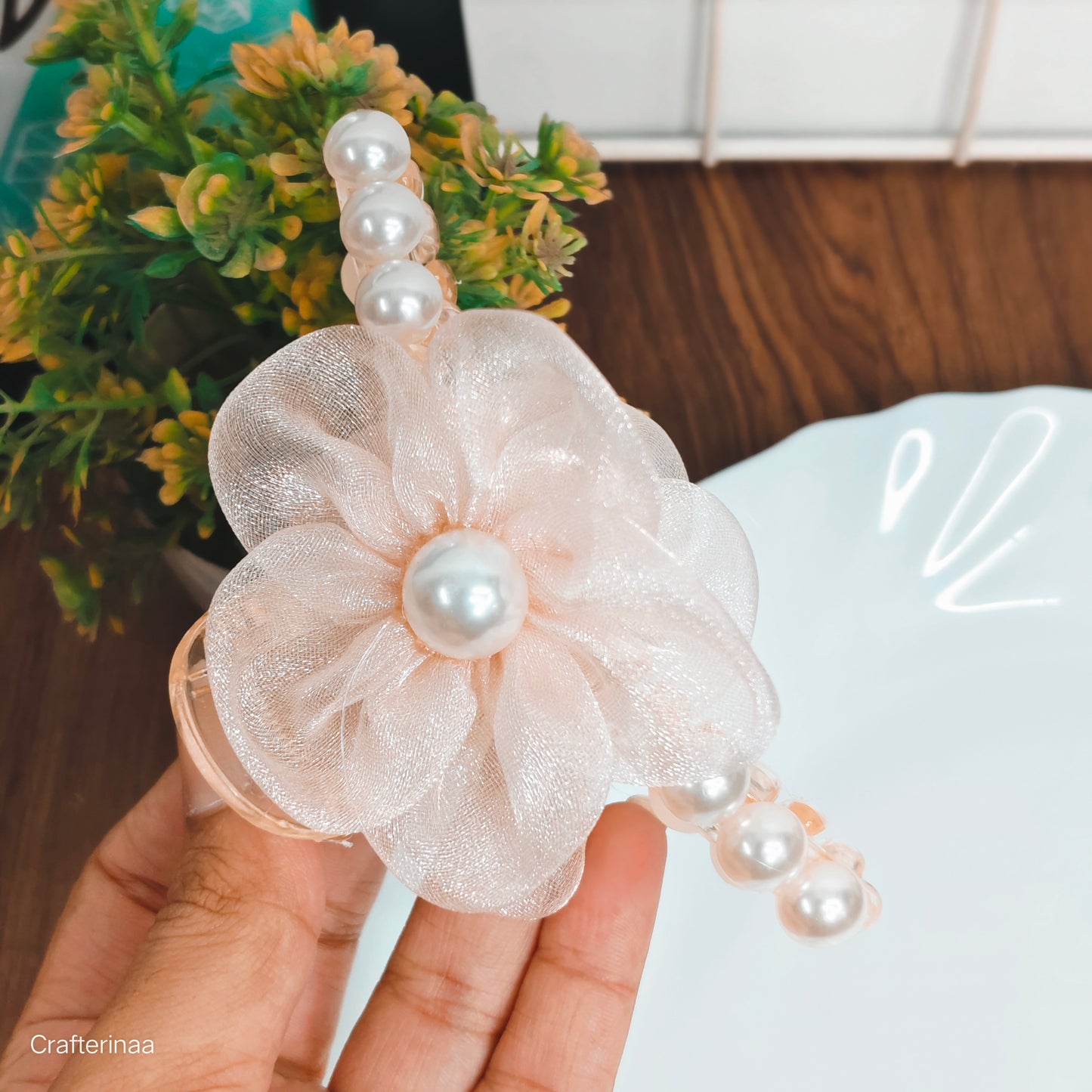 Pastel Organza Flower Hair Clutcher with Pearls – korean Hair claws