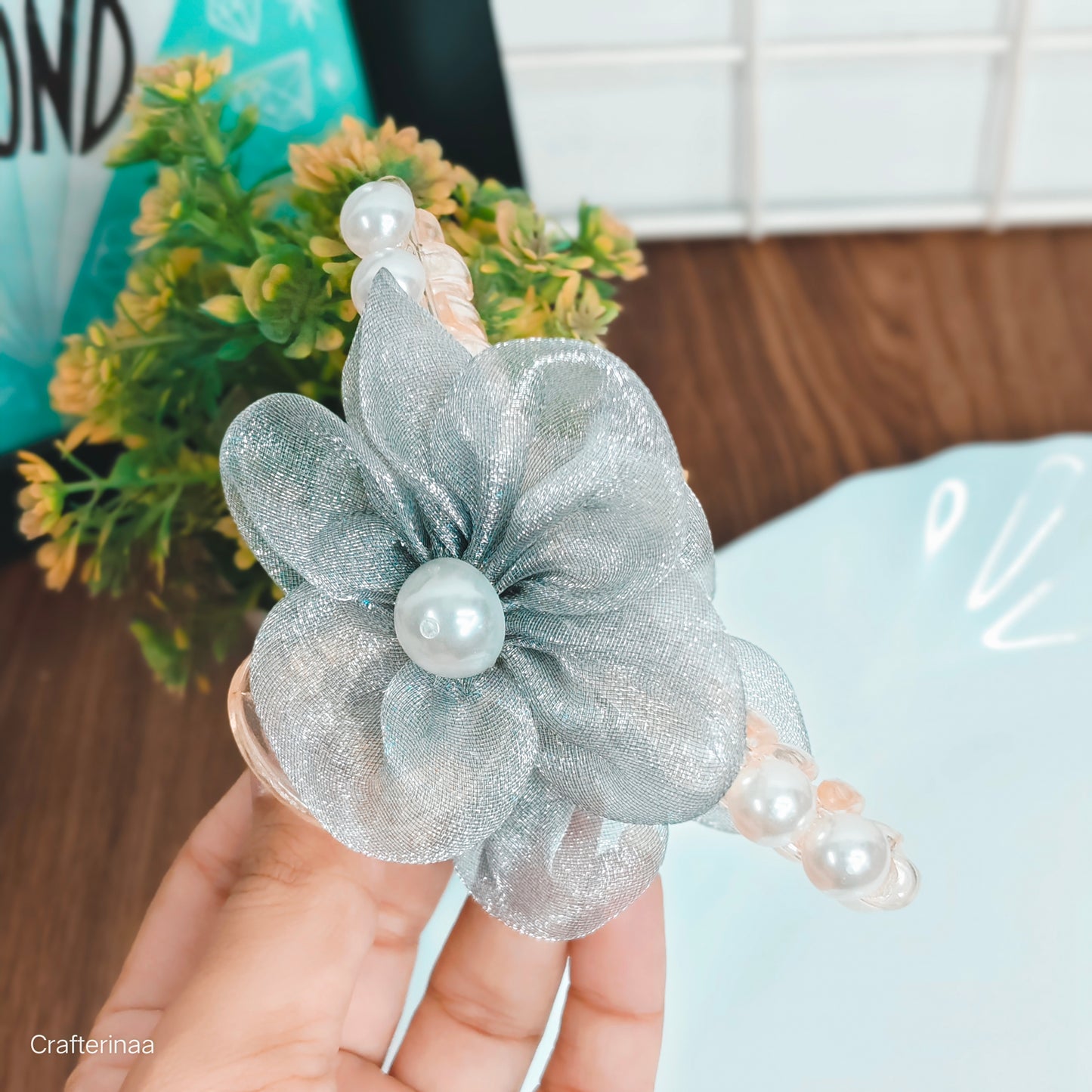 Pastel Organza Flower Hair Clutcher with Pearls – korean Hair claws