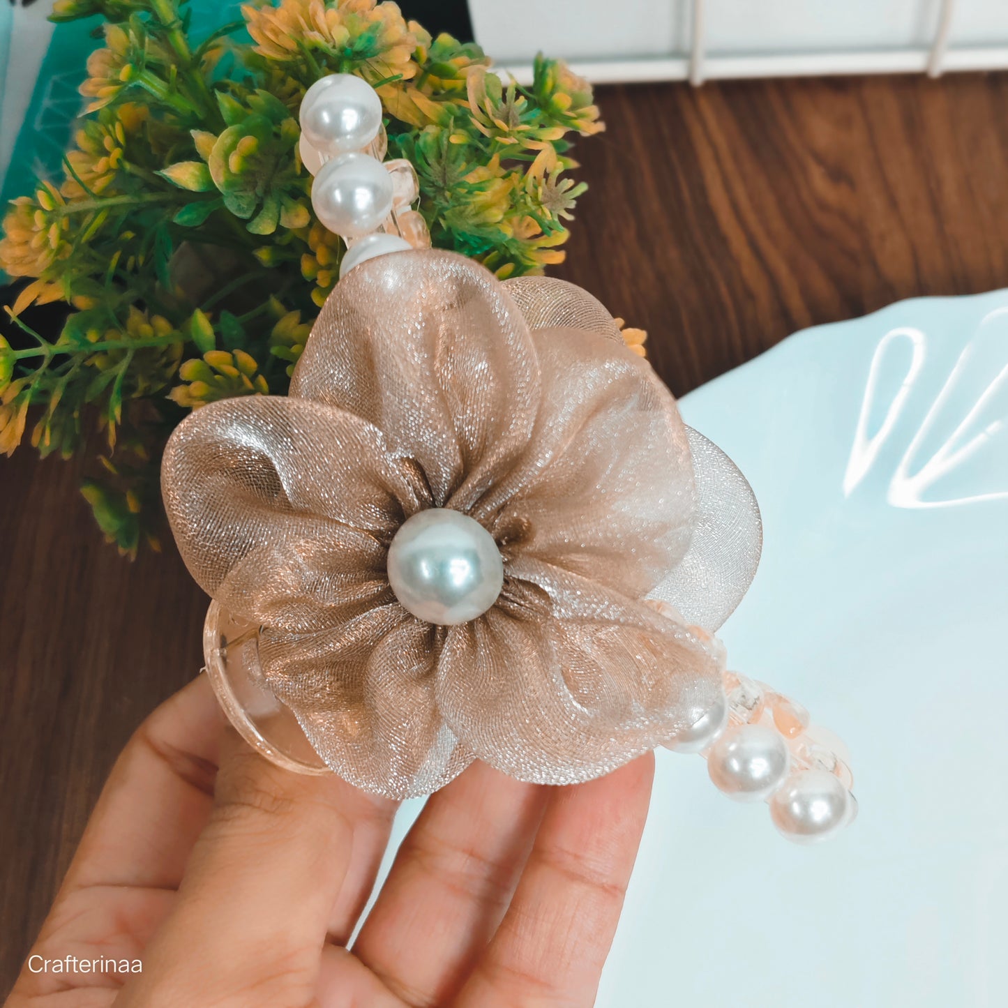 Pastel Organza Flower Hair Clutcher with Pearls – korean Hair claws