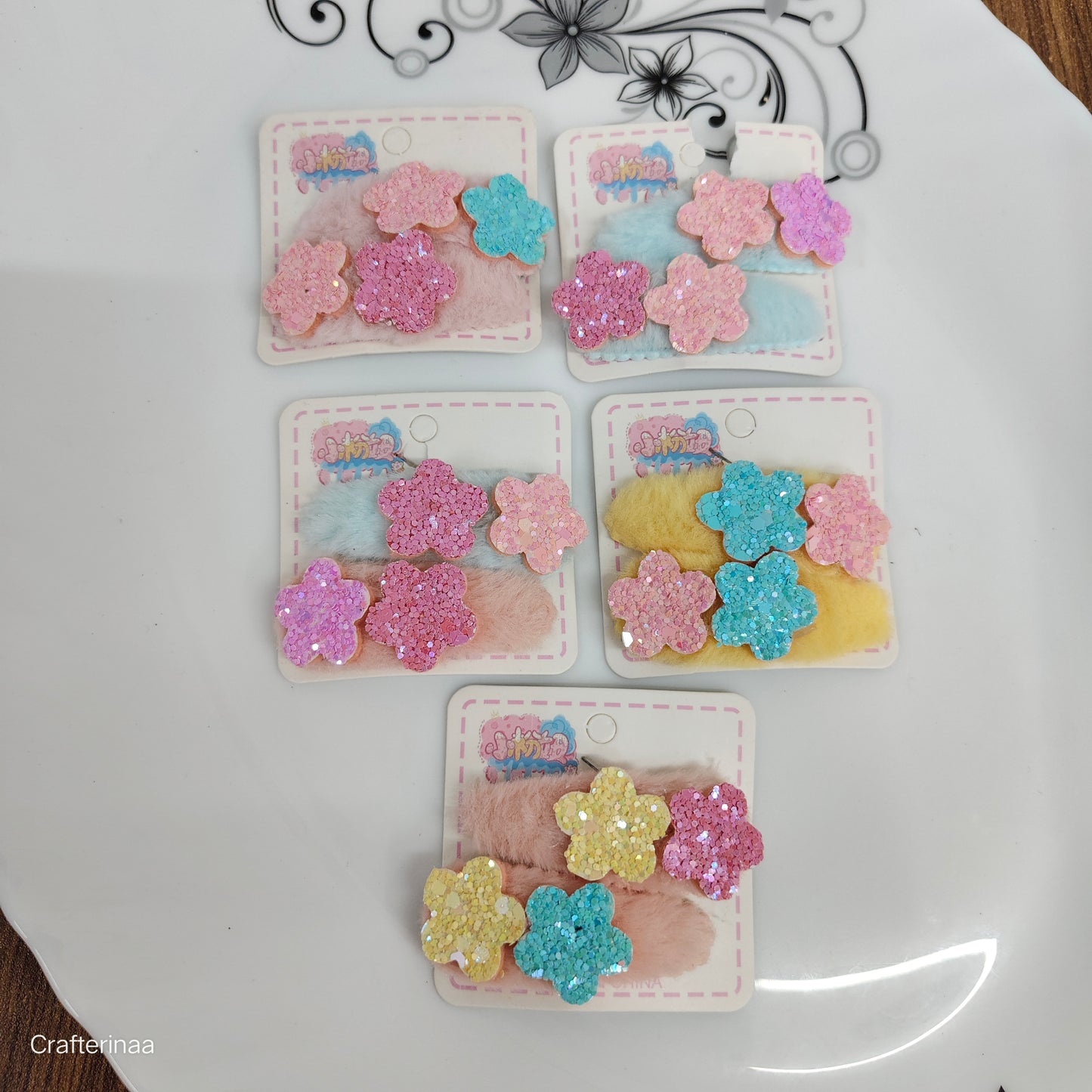 Fur glittery tiktak flower-shaped hair clips|party wear use