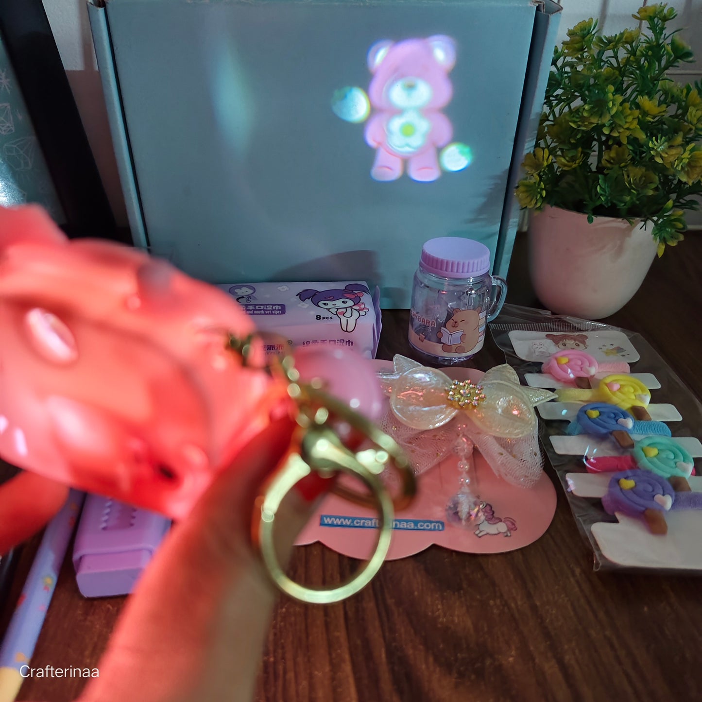 Cute things in budget hamper|Hamper of accessories and stationery with projector light keychain